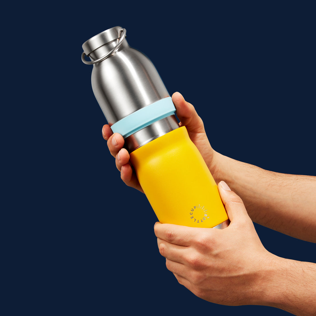 2‑in‑1 reusable insulated water bottle & coffee cup with hidden stored lid, modular build, keeps drinks hot or cold for travel and on‑the‑go use. 