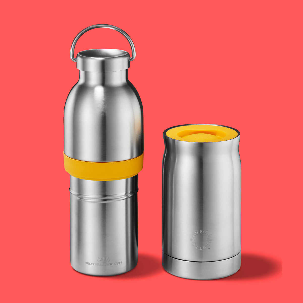 2‑in‑1 reusable insulated water bottle & coffee cup with hidden stored lid, modular build, keeps drinks hot or cold for travel and on‑the‑go use. 