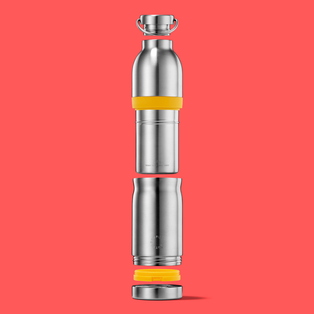 2‑in‑1 reusable insulated water bottle & coffee cup with hidden stored lid, modular build, keeps drinks hot or cold for travel and on‑the‑go use. 