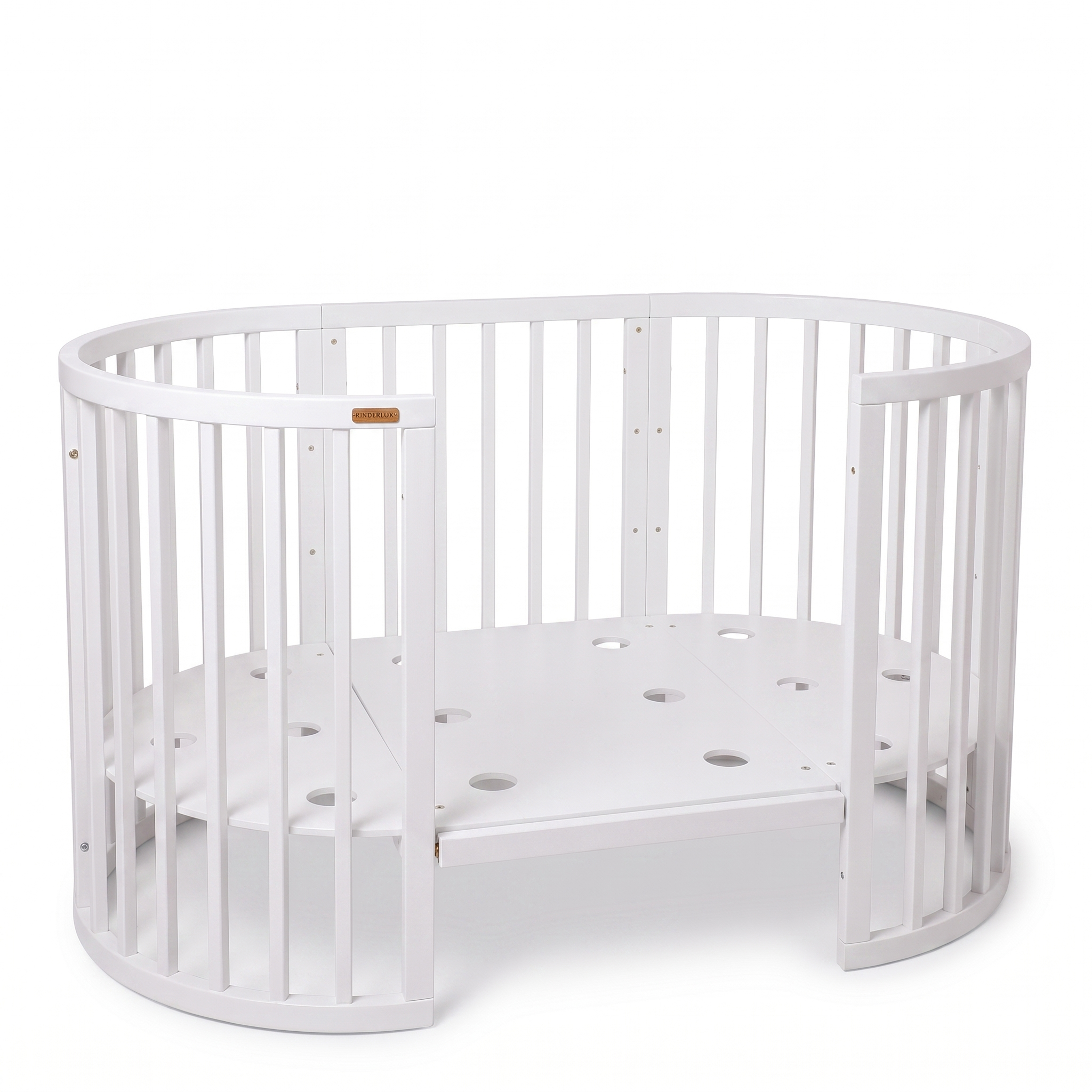 Baby cot with 5 convertible modes and 4 mattress height settings, water-based safe paint for newborn and toddler daily use.