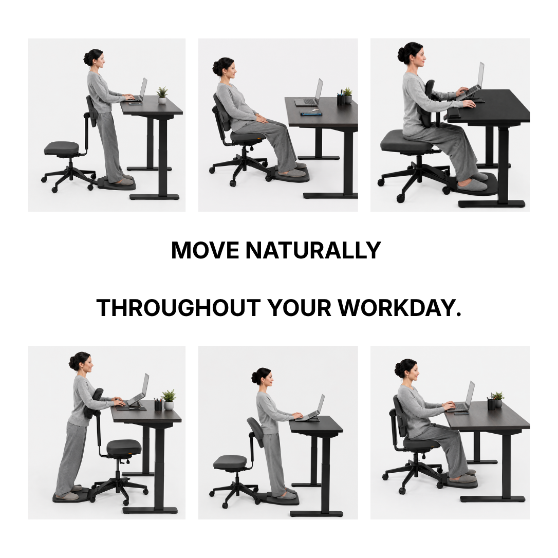 Offers 6 adjustable working positions for sitting, leaning, perching and standing, supporting natural posture shifts across your working day.