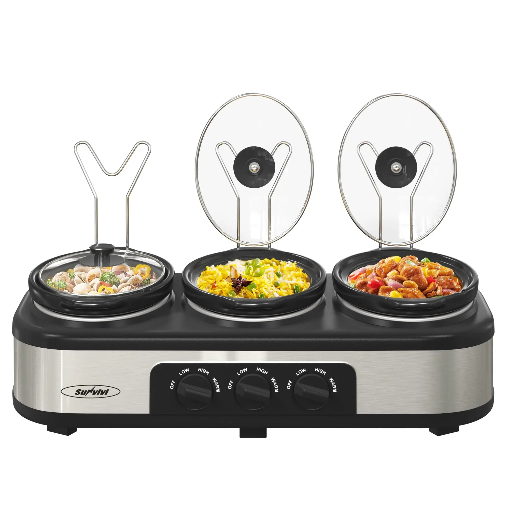Triple‑pot slow cooker with independent temperature controls, cook three dishes at once, dishwasher‑safe pots, ideal for family meals and entertaining guests.