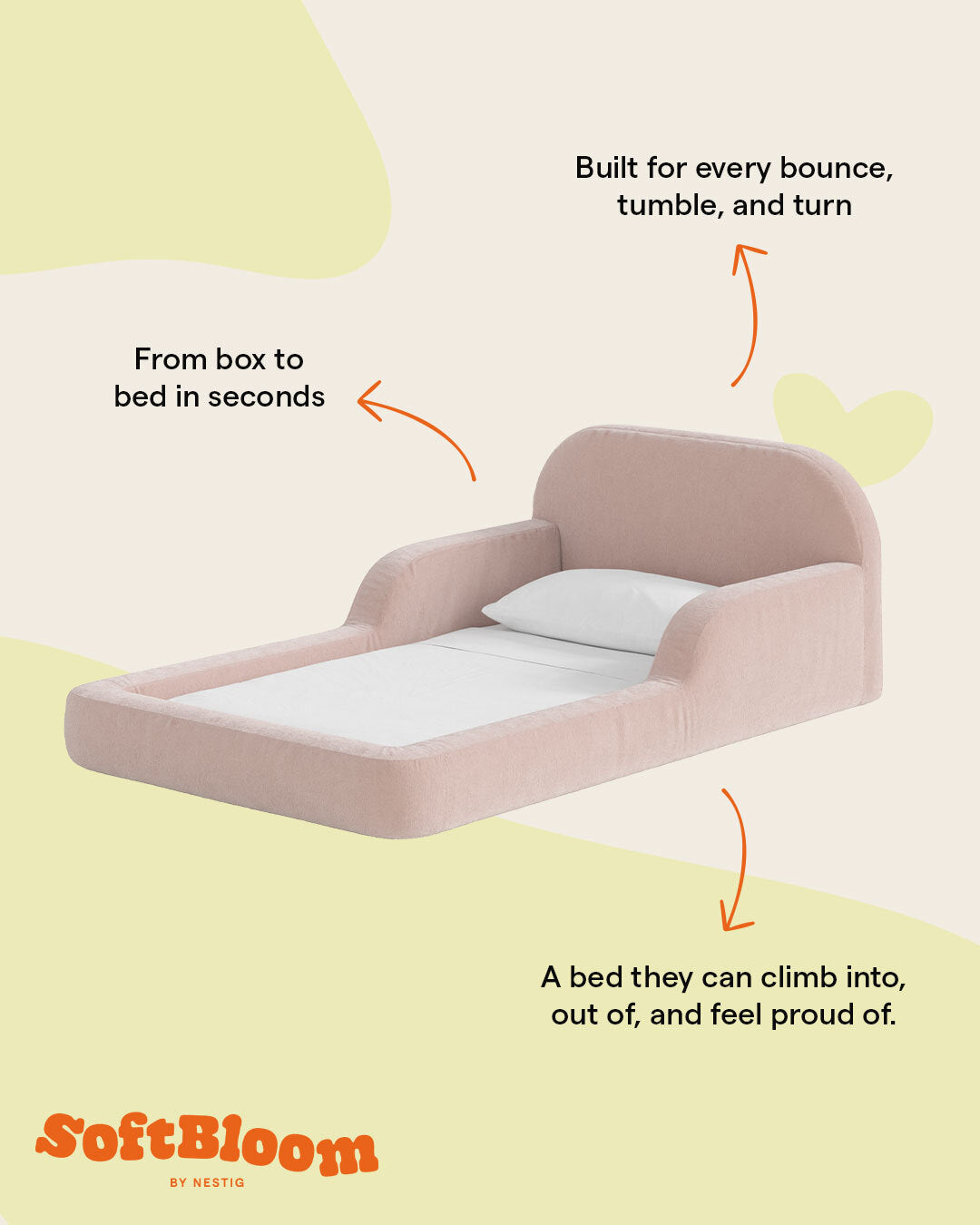This low‑profile Montessori‑style kids foam bed has soft rounded bump‑safe edges and a removable washable cover for quick, tool‑free setup.