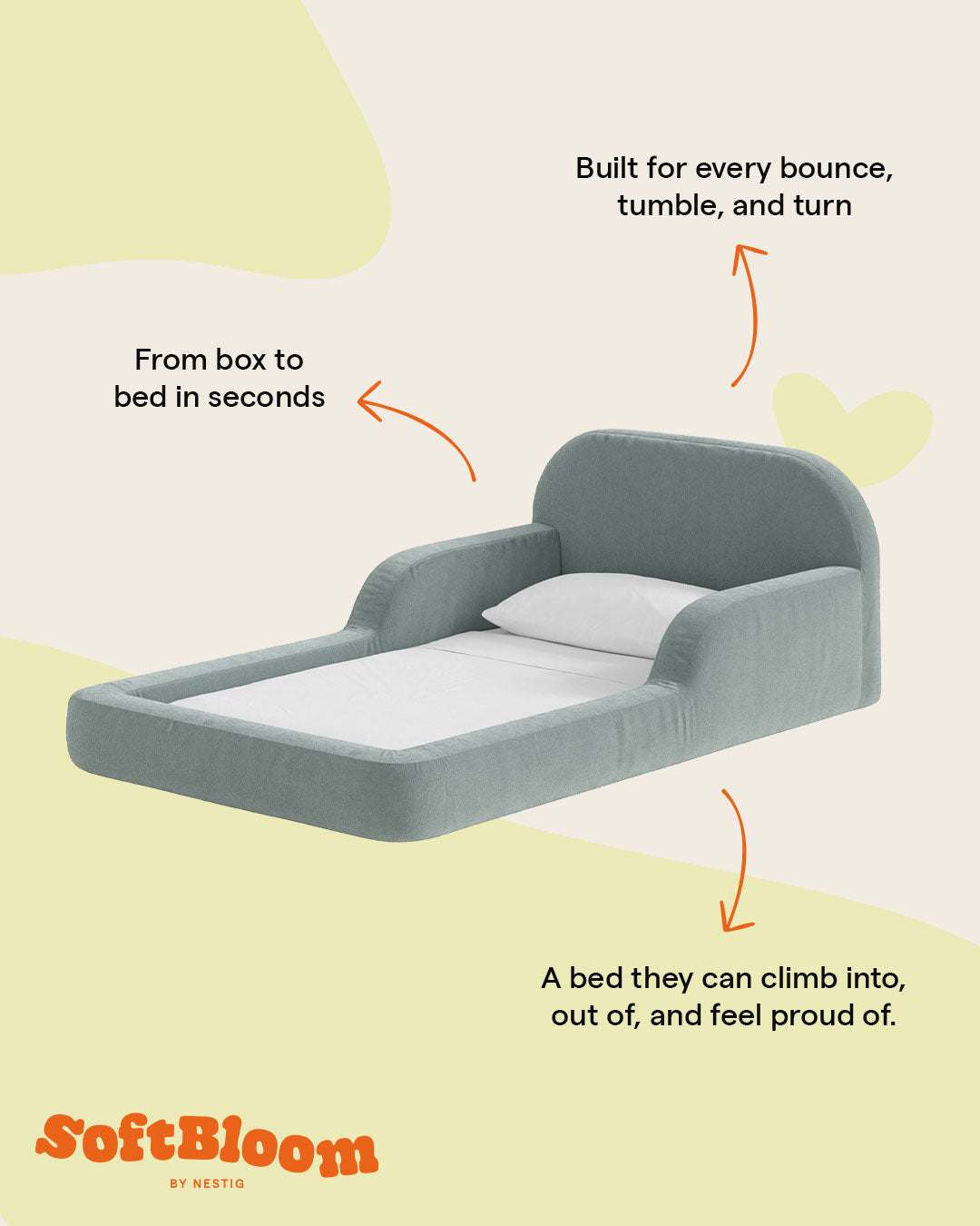 This low‑profile Montessori‑style kids foam bed has soft rounded bump‑safe edges and a removable washable cover for quick, tool‑free setup.