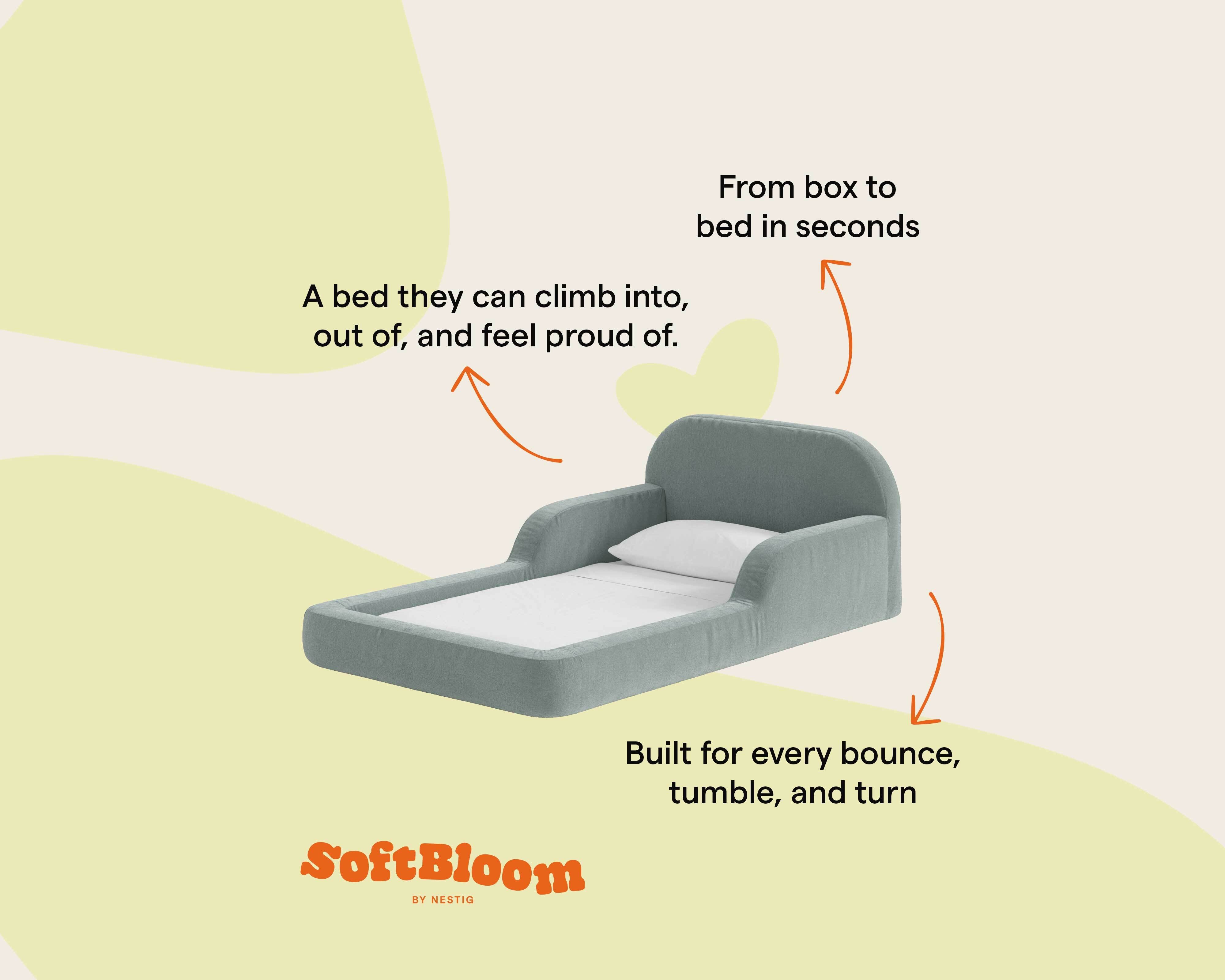 This low‑profile Montessori‑style kids foam bed has soft rounded bump‑safe edges and a removable washable cover for quick, tool‑free setup.