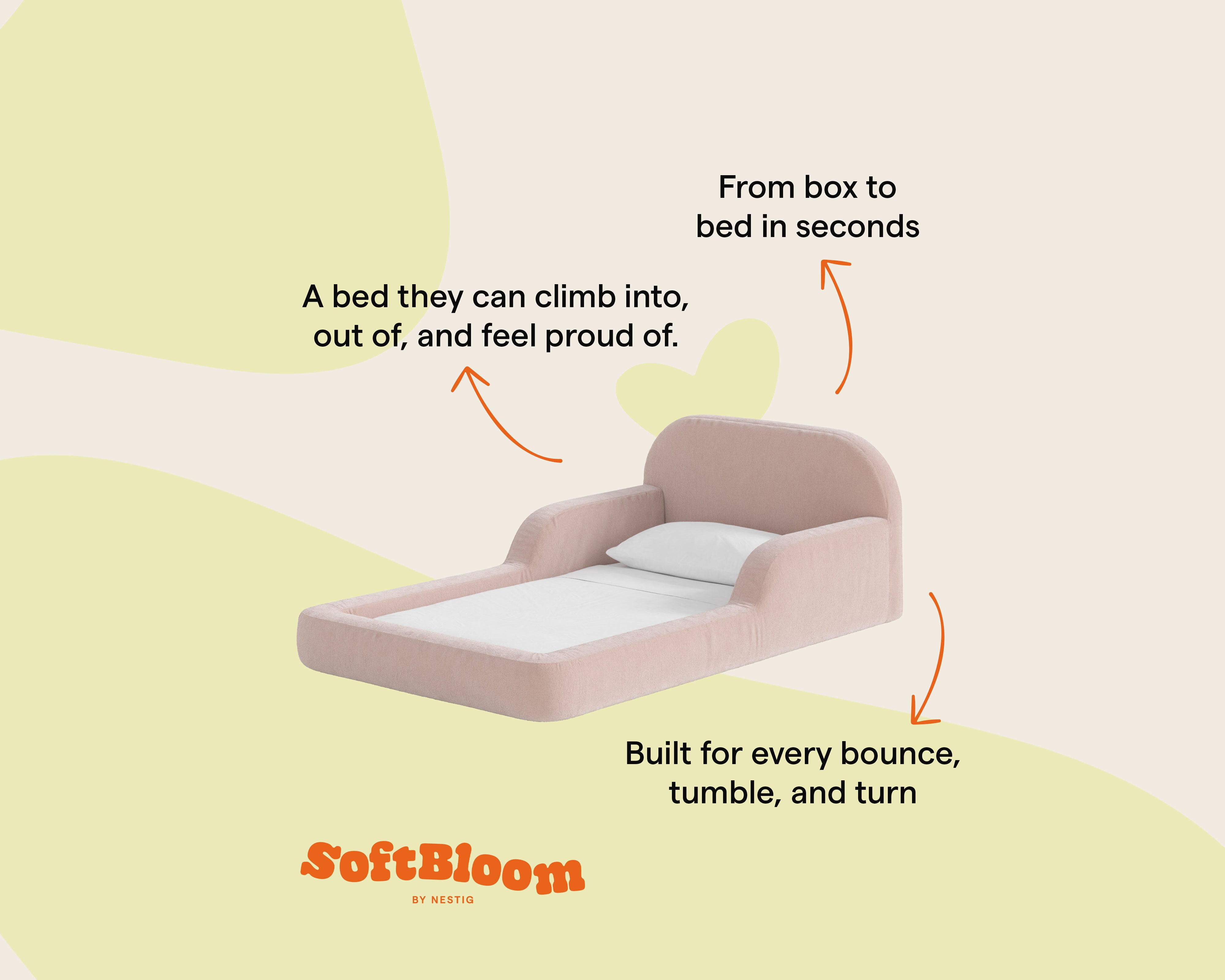 This low‑profile Montessori‑style kids foam bed has soft rounded bump‑safe edges and a removable washable cover for quick, tool‑free setup.