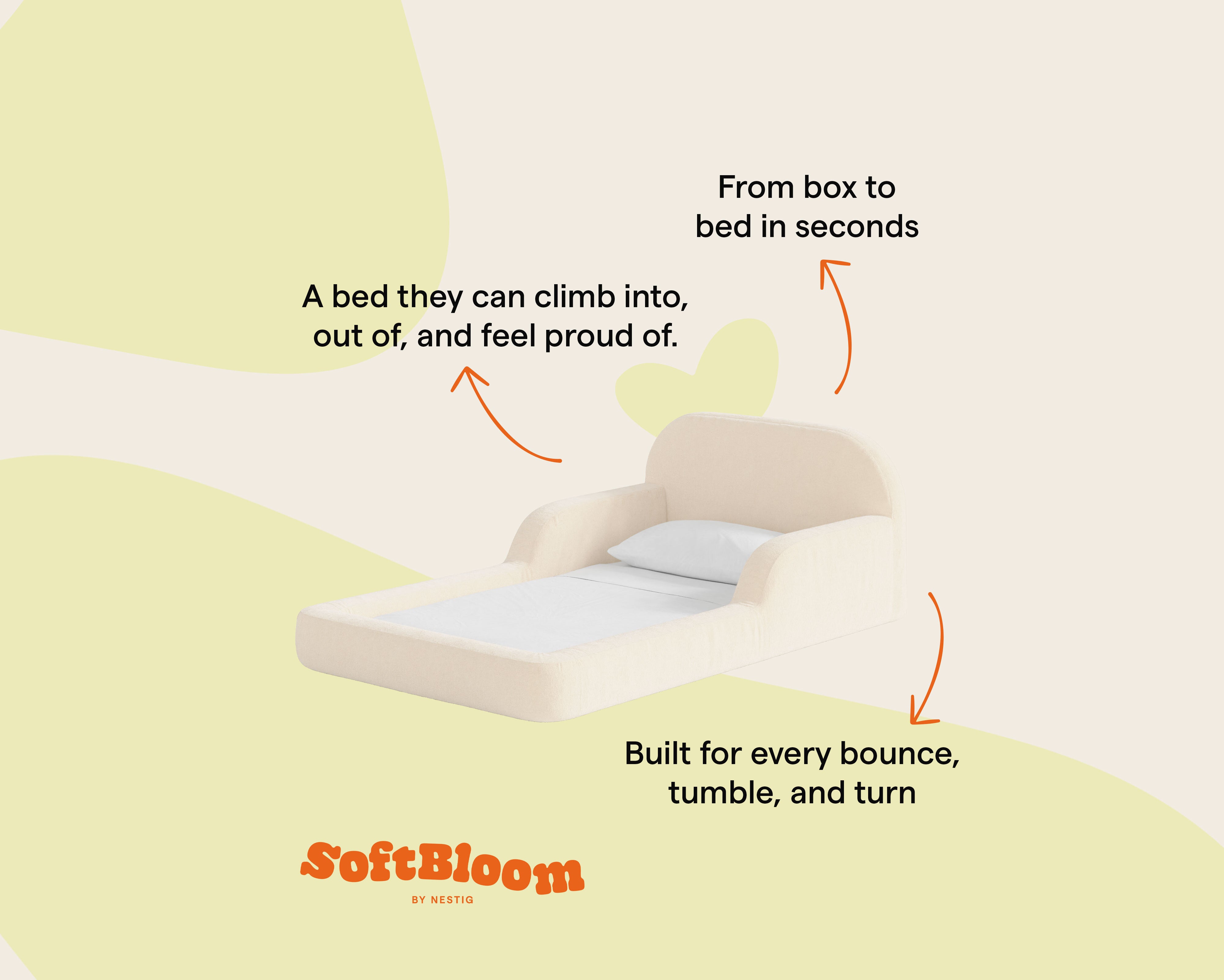 This low‑profile Montessori‑style kids foam bed has soft rounded bump‑safe edges and a removable washable cover for quick, tool‑free setup.