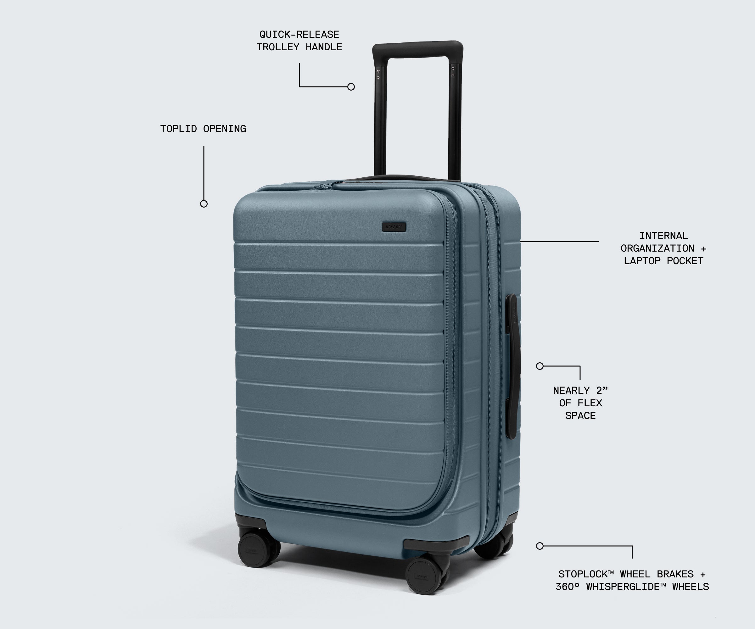 Spacious polycarbonate carry‑on suitcase for 4‑7‑day trips, with laptop sleeve, expandable zip, smooth 360° wheels and rear‑wheel brake.