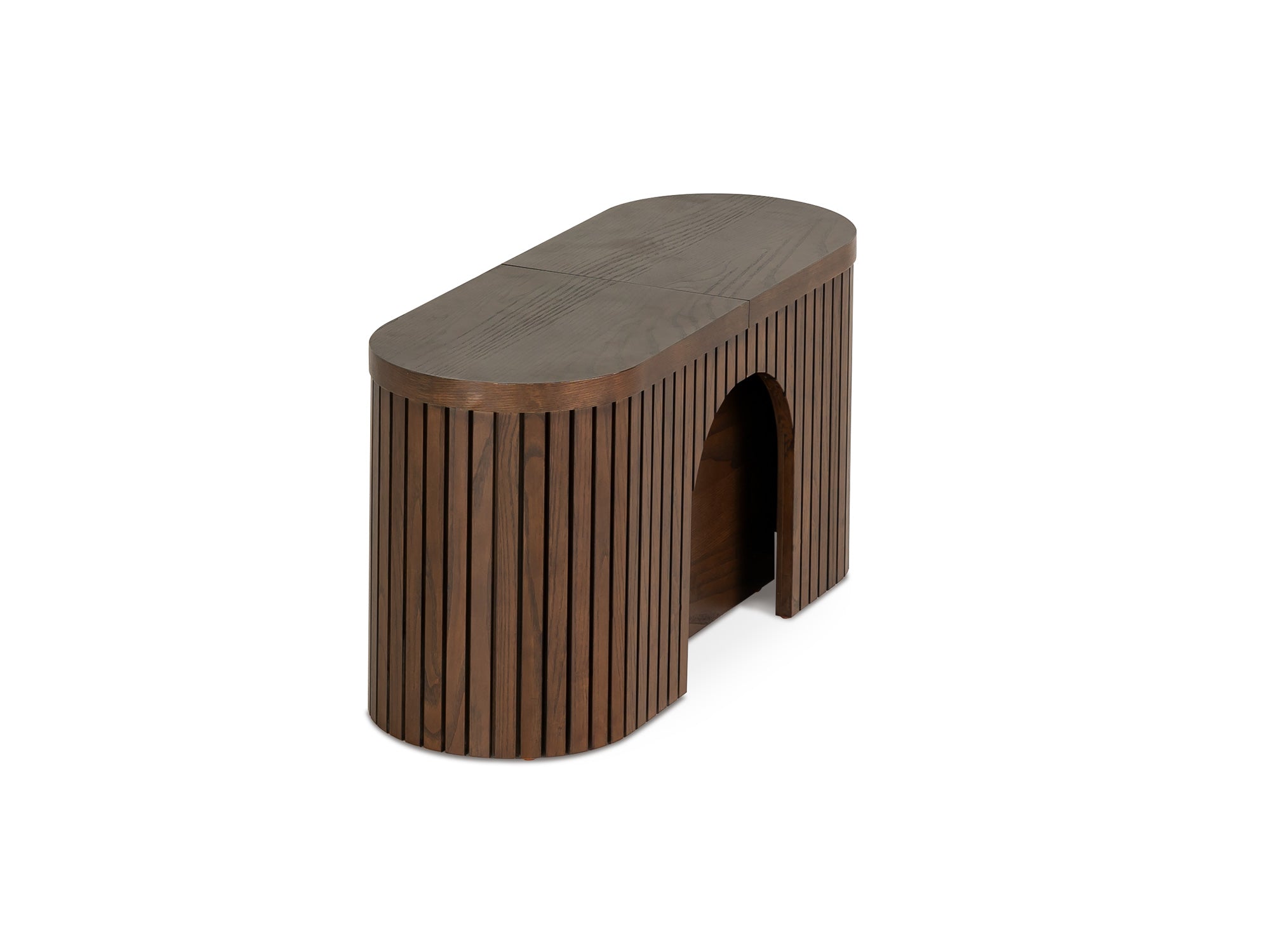 Practical extendable round dining set; storage‑built bench holds extra panels, robust hardwood build, smooth gliding rails and matching premium finishes.