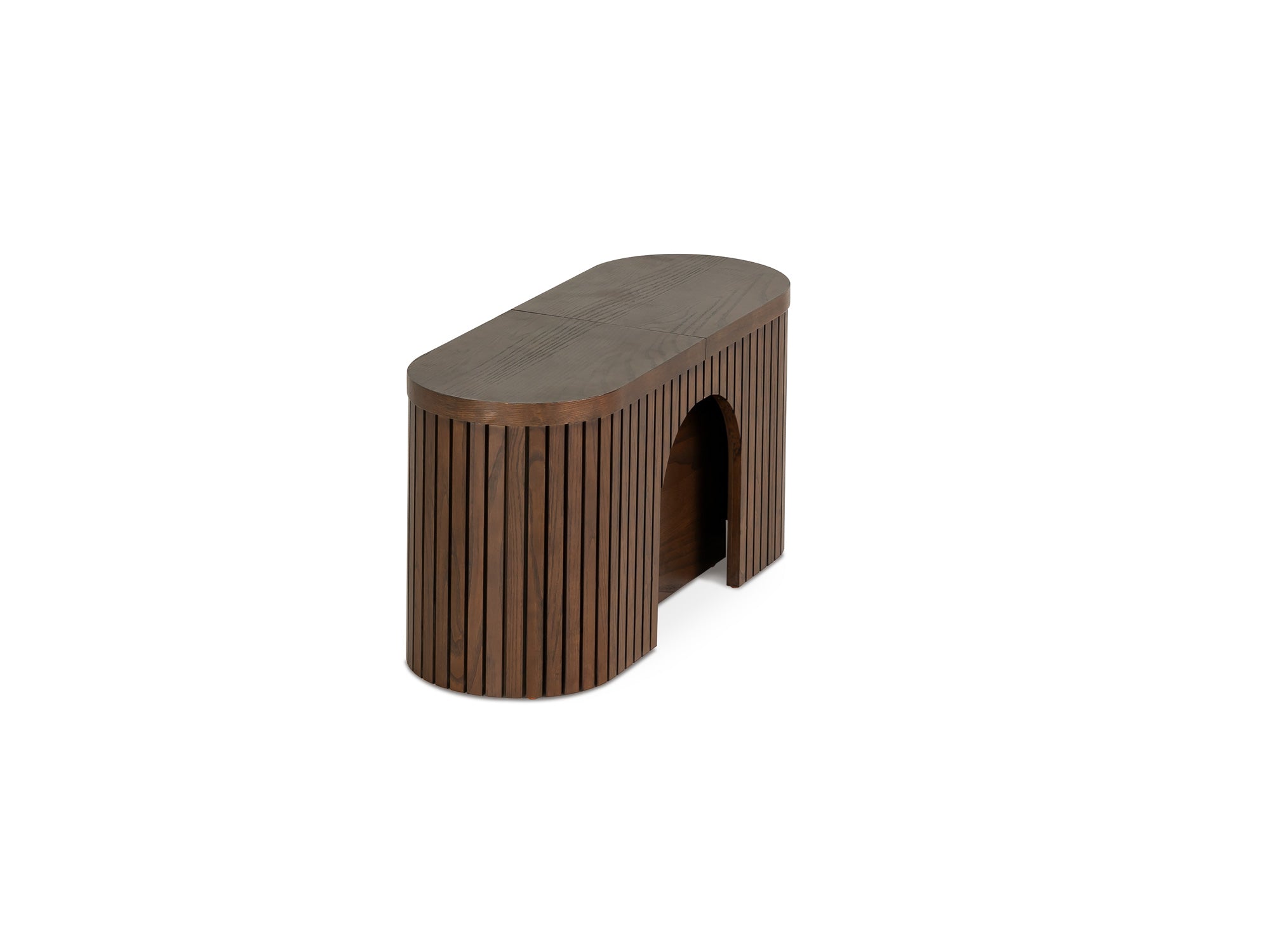 Practical extendable round dining set; storage‑built bench holds extra panels, robust hardwood build, smooth gliding rails and matching premium finishes.