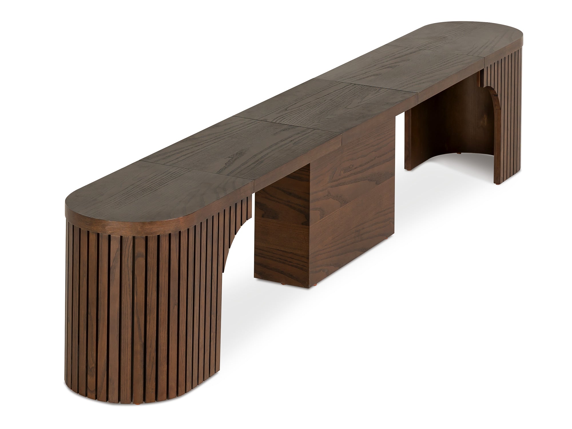 Practical extendable round dining set; storage‑built bench holds extra panels, robust hardwood build, smooth gliding rails and matching premium finishes.