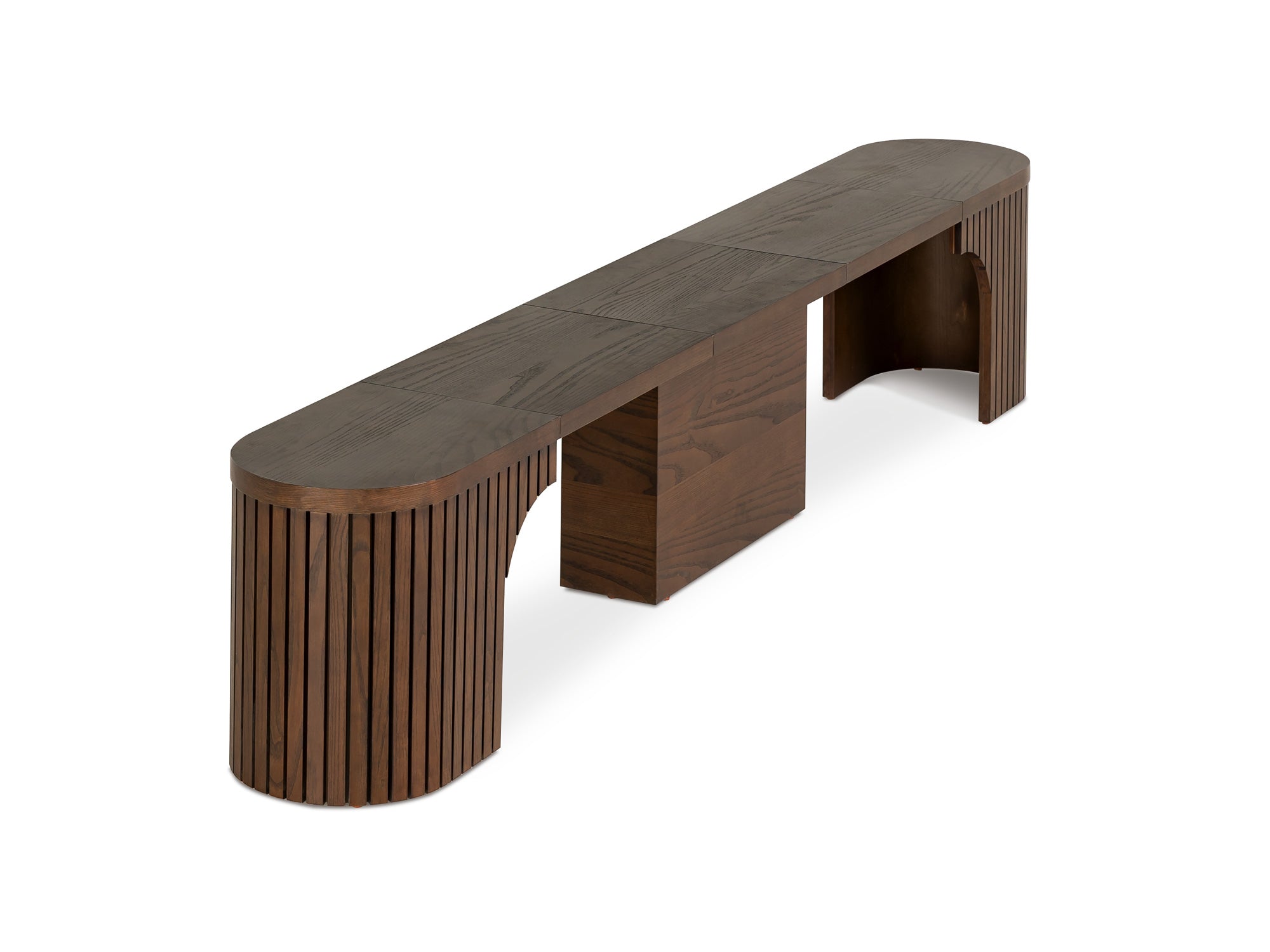 Practical extendable round dining set; storage‑built bench holds extra panels, robust hardwood build, smooth gliding rails and matching premium finishes.
