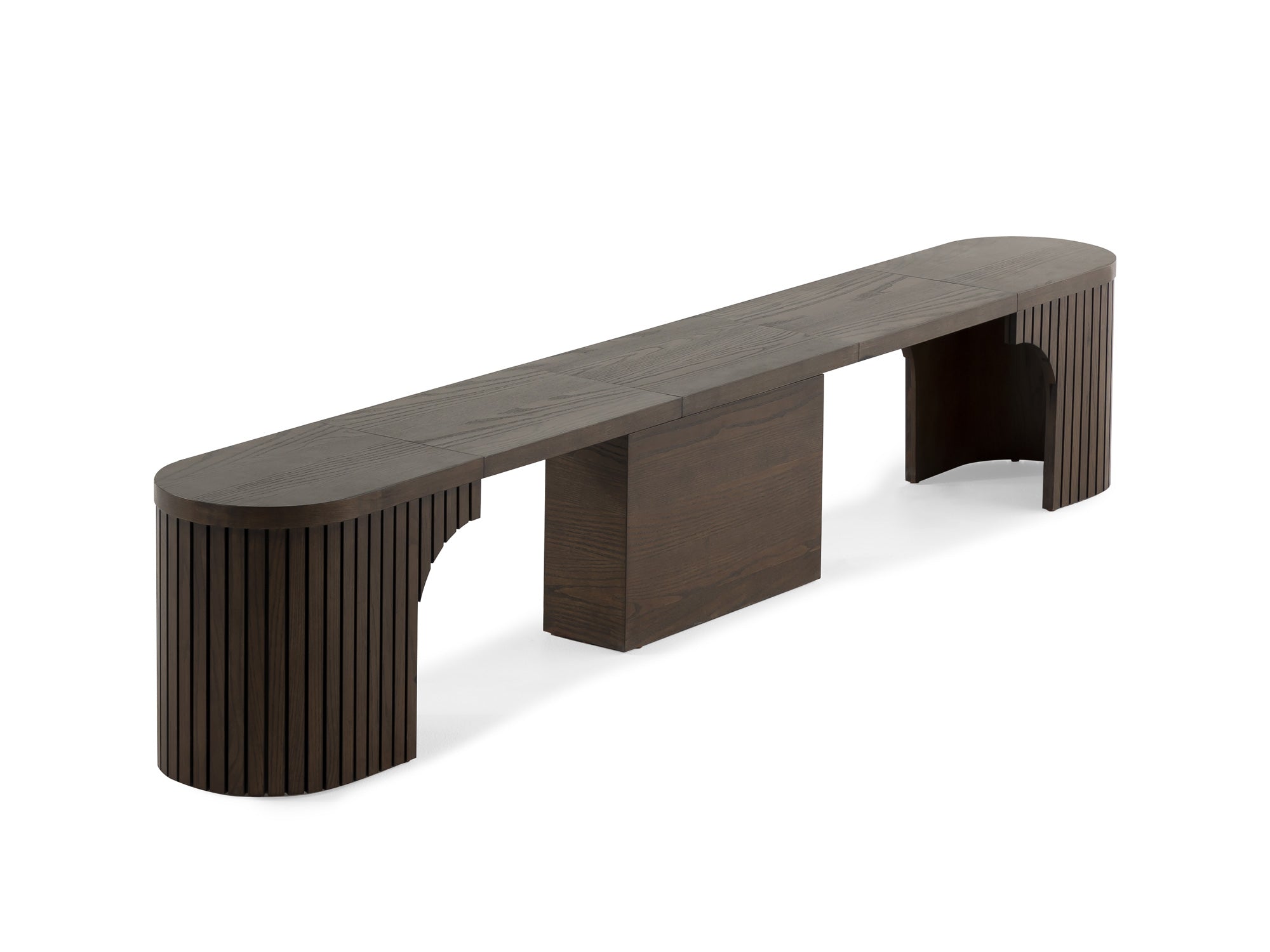 Practical extendable round dining set; storage‑built bench holds extra panels, robust hardwood build, smooth gliding rails and matching premium finishes.
