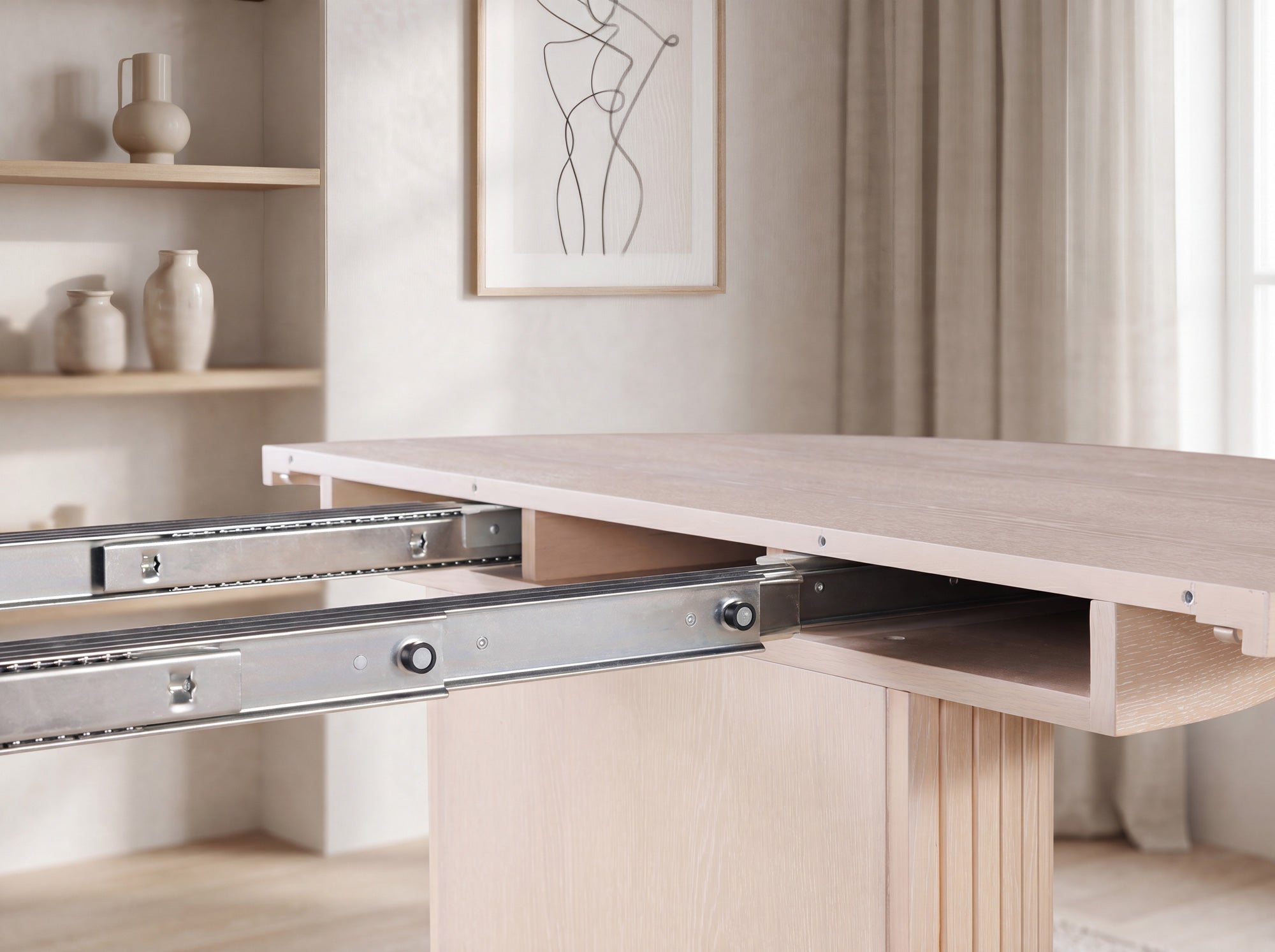 Versatile expandable dining table seats 4‑10, robust hardwood‑steel build, hidden pedestal storage and elegant fluted detailing for flexible everyday dining.