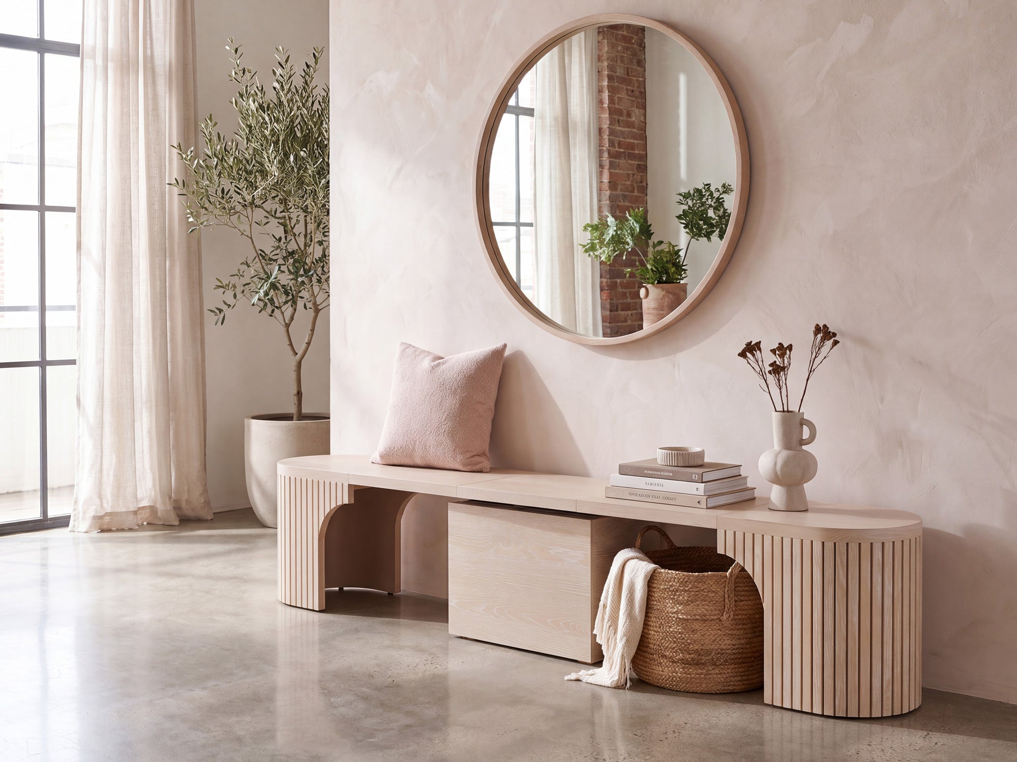 Practical extendable round dining set; storage‑built bench holds extra panels, robust hardwood build, smooth gliding rails and matching premium finishes.