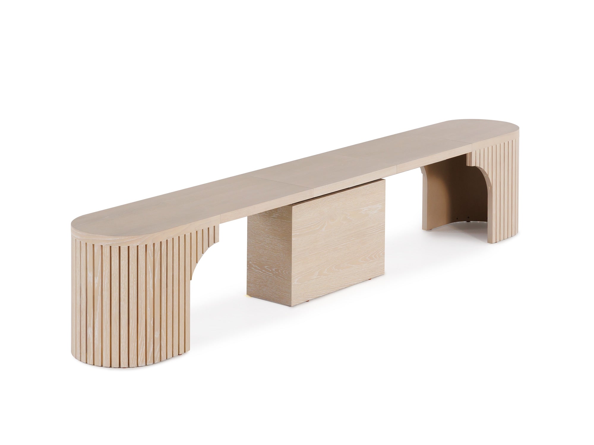 Practical extendable round dining set; storage‑built bench holds extra panels, robust hardwood build, smooth gliding rails and matching premium finishes.