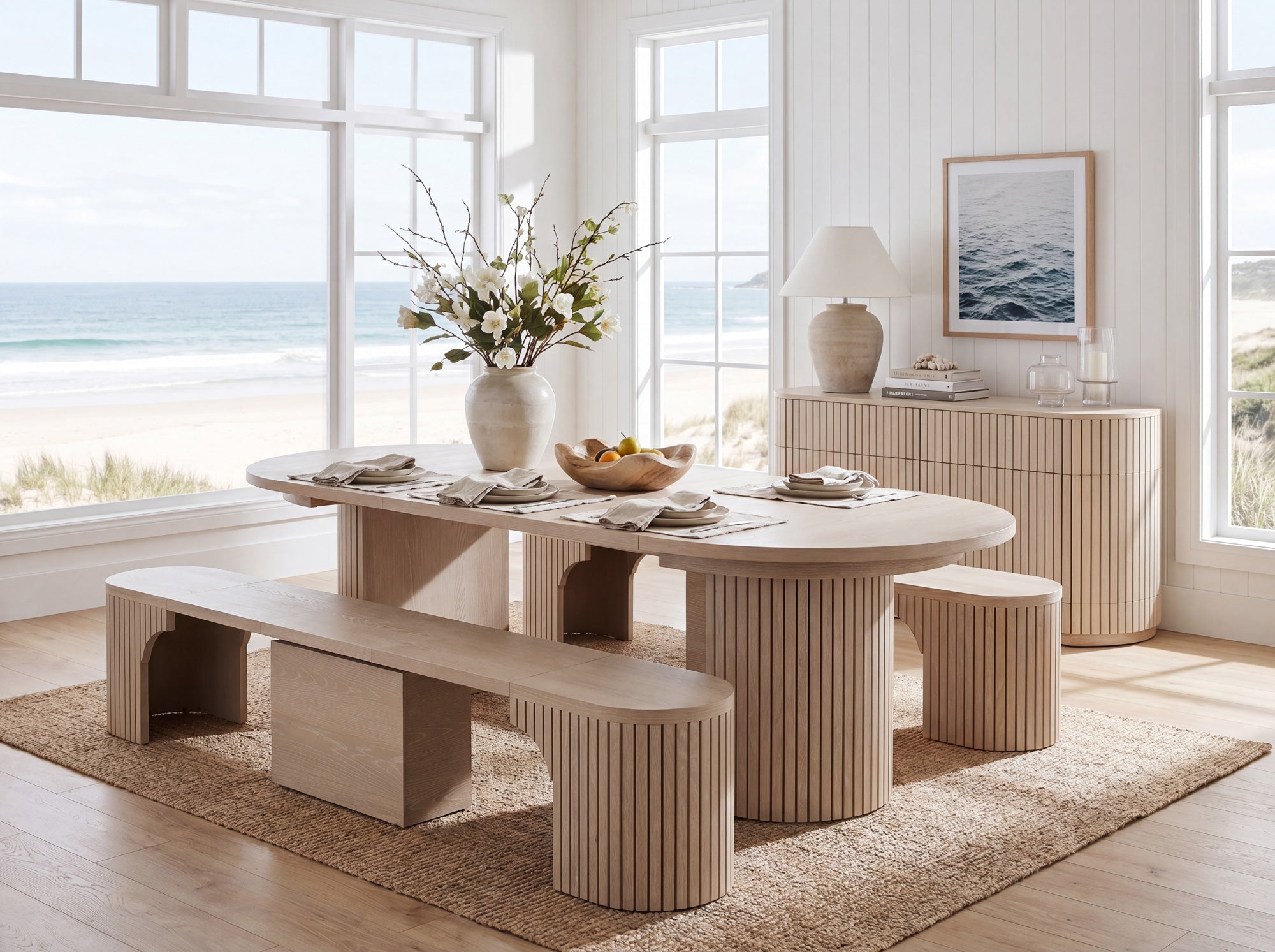 Practical extendable round dining set; storage‑built bench holds extra panels, robust hardwood build, smooth gliding rails and matching premium finishes.
