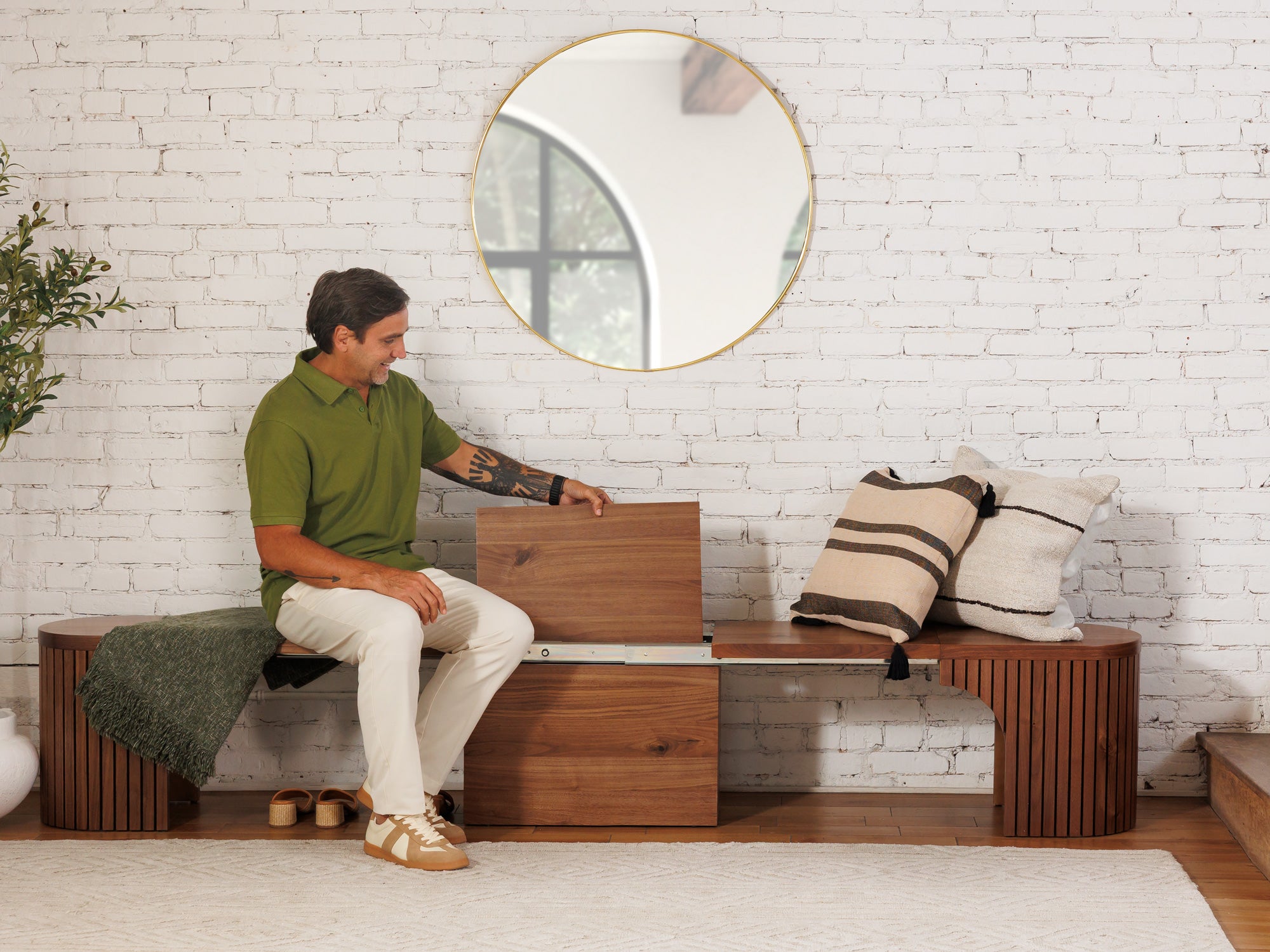 Practical extendable round dining set; storage‑built bench holds extra panels, robust hardwood build, smooth gliding rails and matching premium finishes.