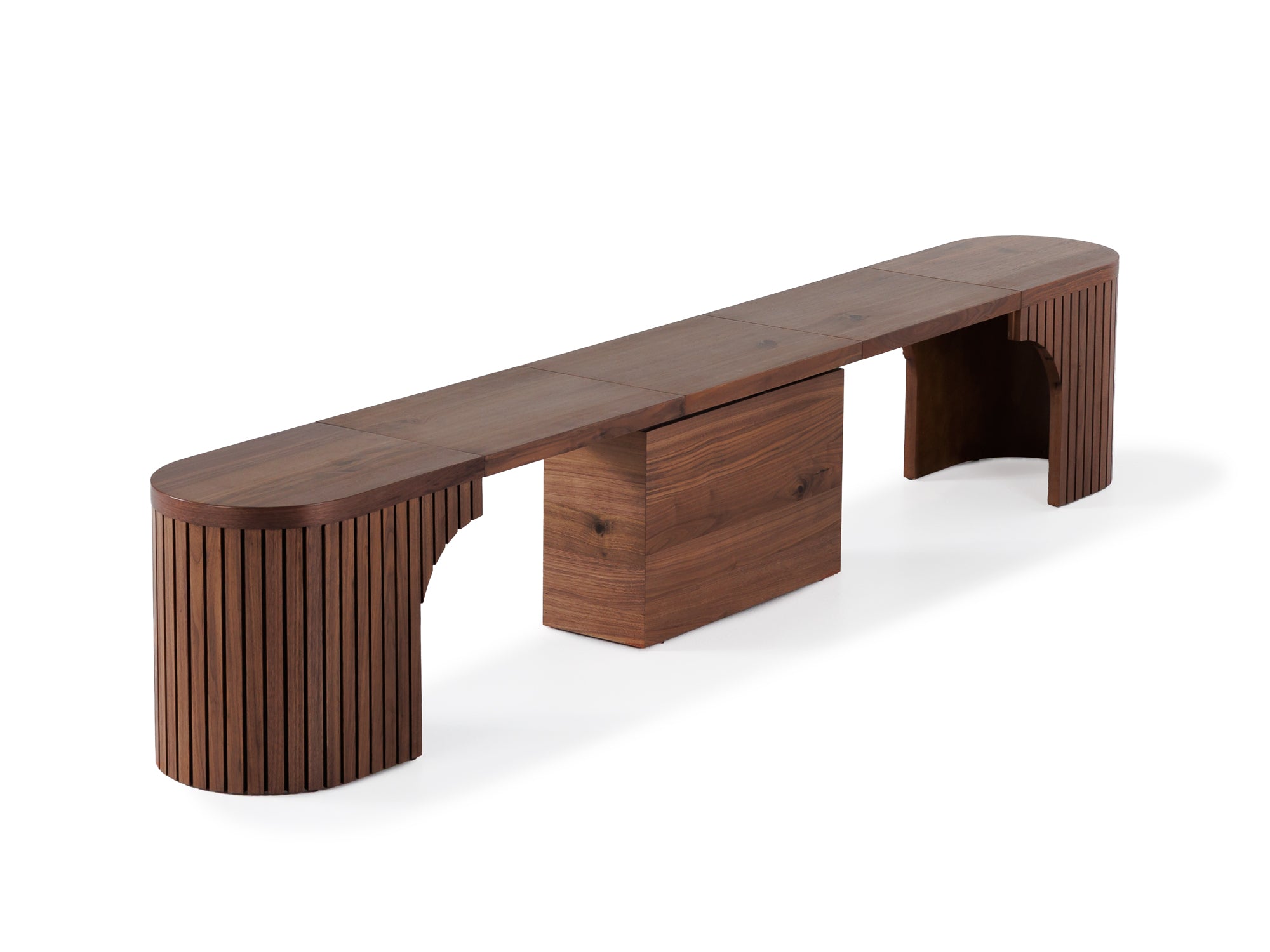 Practical extendable round dining set; storage‑built bench holds extra panels, robust hardwood build, smooth gliding rails and matching premium finishes.
