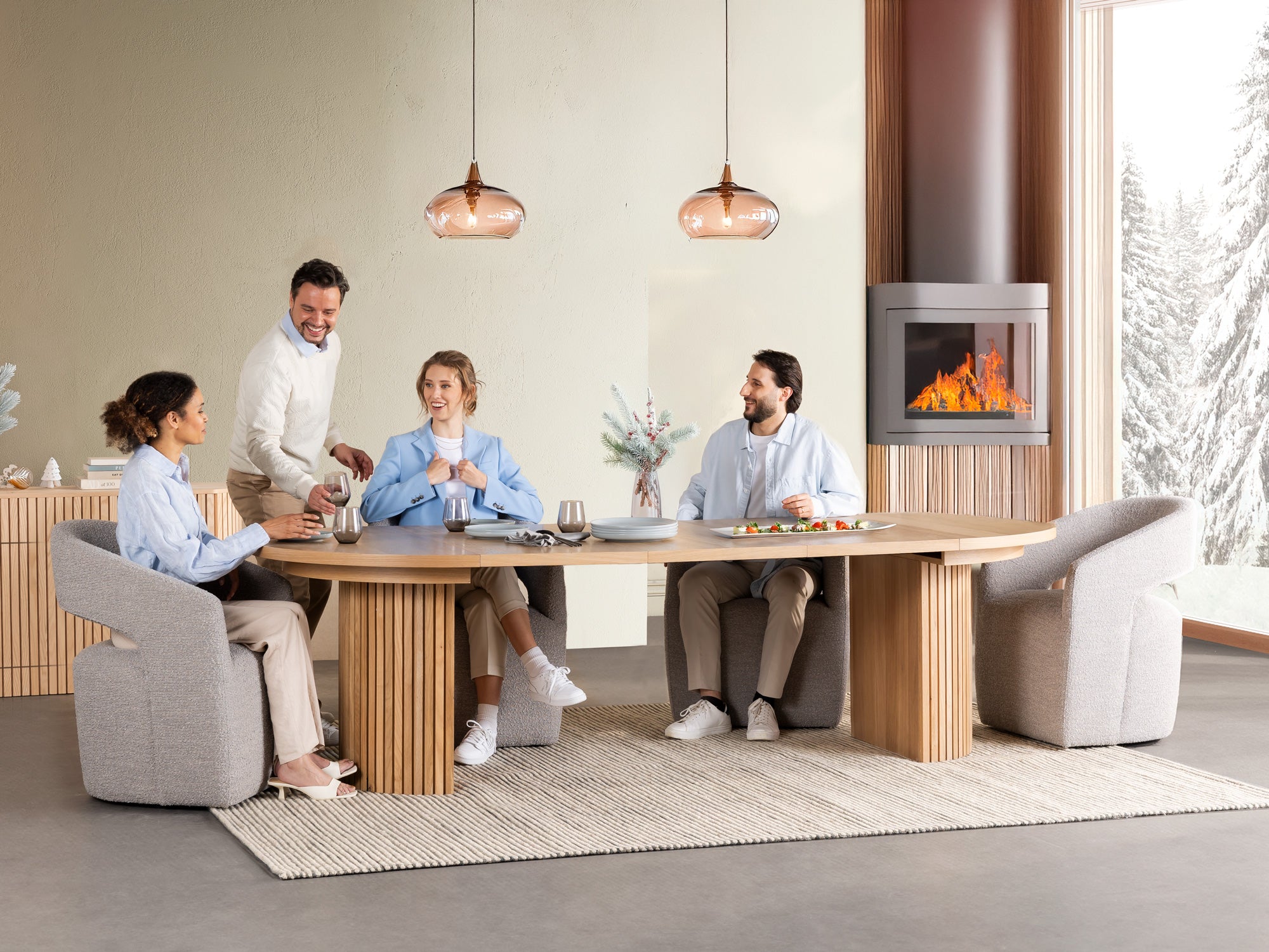 Versatile expandable dining table seats 4‑10, robust hardwood‑steel build, hidden pedestal storage and elegant fluted detailing for flexible everyday dining.