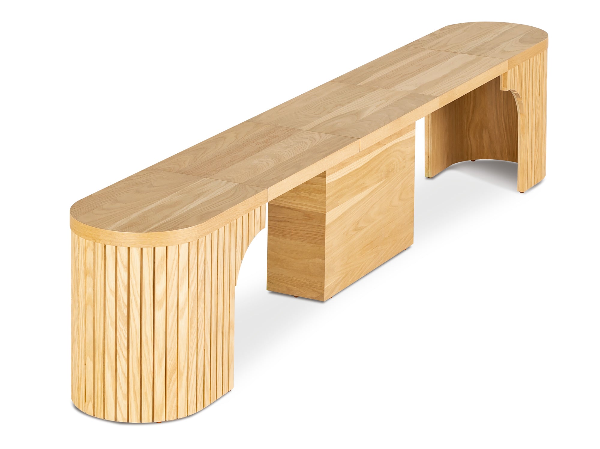 Practical extendable round dining set; storage‑built bench holds extra panels, robust hardwood build, smooth gliding rails and matching premium finishes.