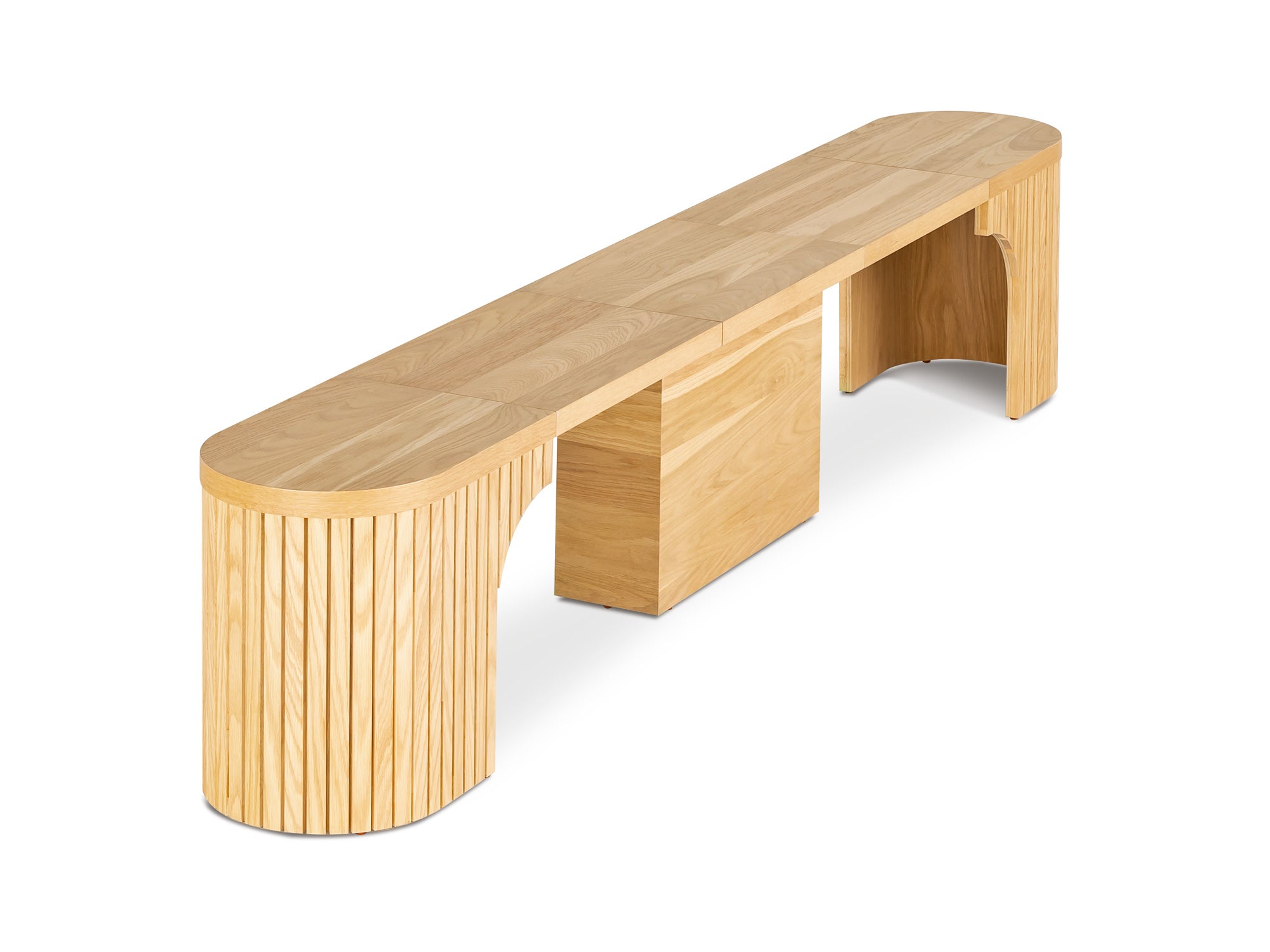 Practical extendable round dining set; storage‑built bench holds extra panels, robust hardwood build, smooth gliding rails and matching premium finishes.