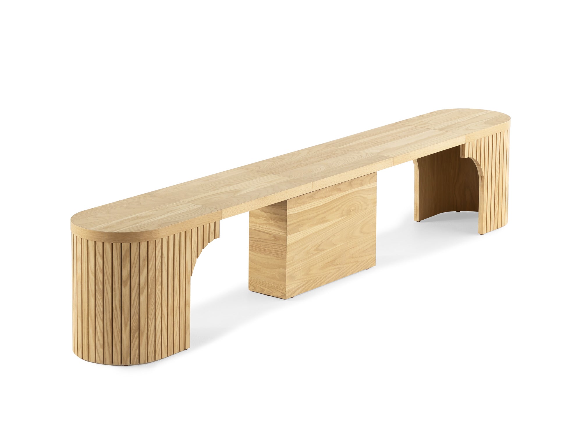 Practical extendable round dining set; storage‑built bench holds extra panels, robust hardwood build, smooth gliding rails and matching premium finishes.