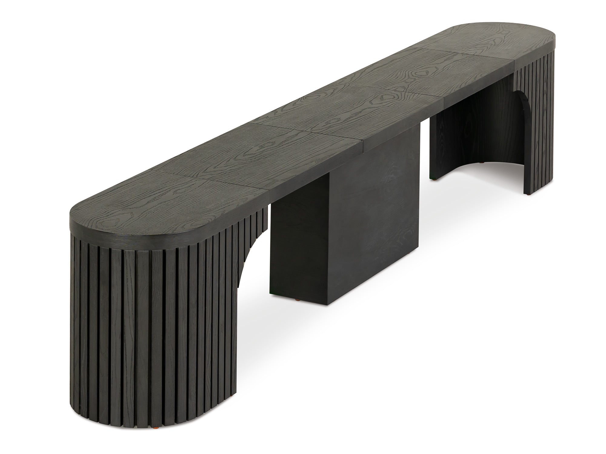 Practical extendable round dining set; storage‑built bench holds extra panels, robust hardwood build, smooth gliding rails and matching premium finishes.