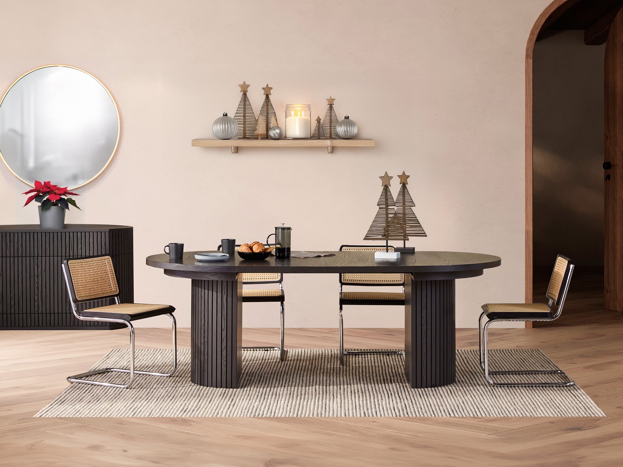 Versatile expandable dining table seats 4‑10, robust hardwood‑steel build, hidden pedestal storage and elegant fluted detailing for flexible everyday dining.