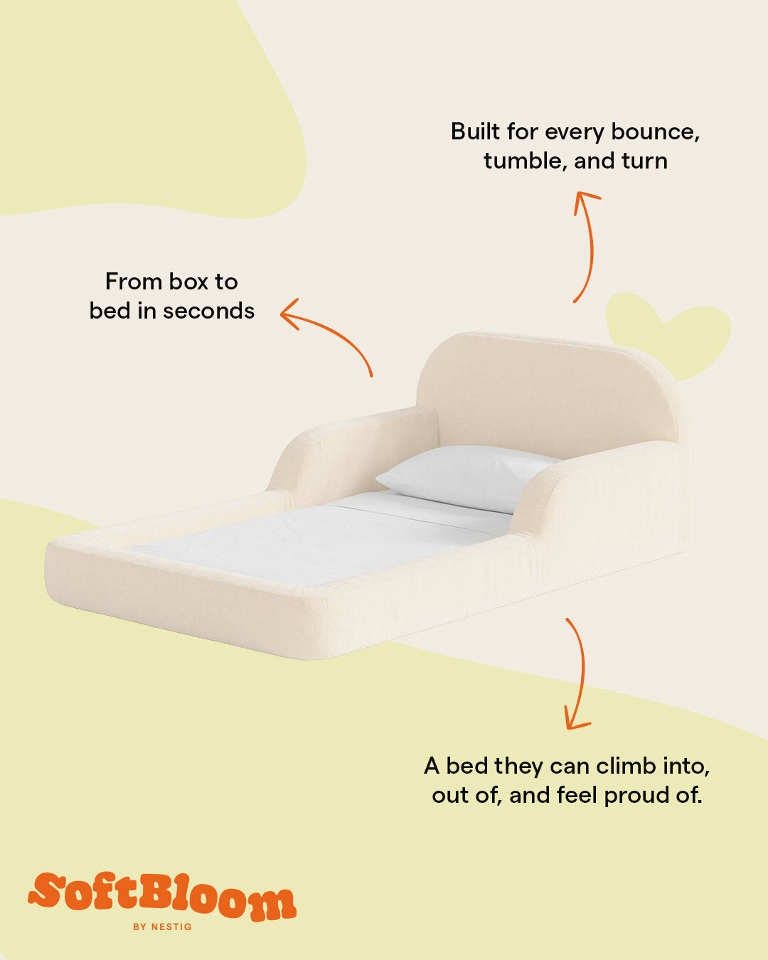 This low‑profile Montessori‑style kids foam bed has soft rounded bump‑safe edges and a removable washable cover for quick, tool‑free setup.