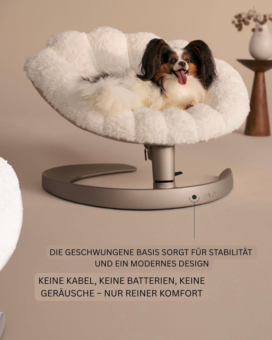 This shell‑shaped swinging pet bed delivers calming side‑to‑side movement, with machine‑washable fleece padding and stable aluminium framing for safe, cosy rest.