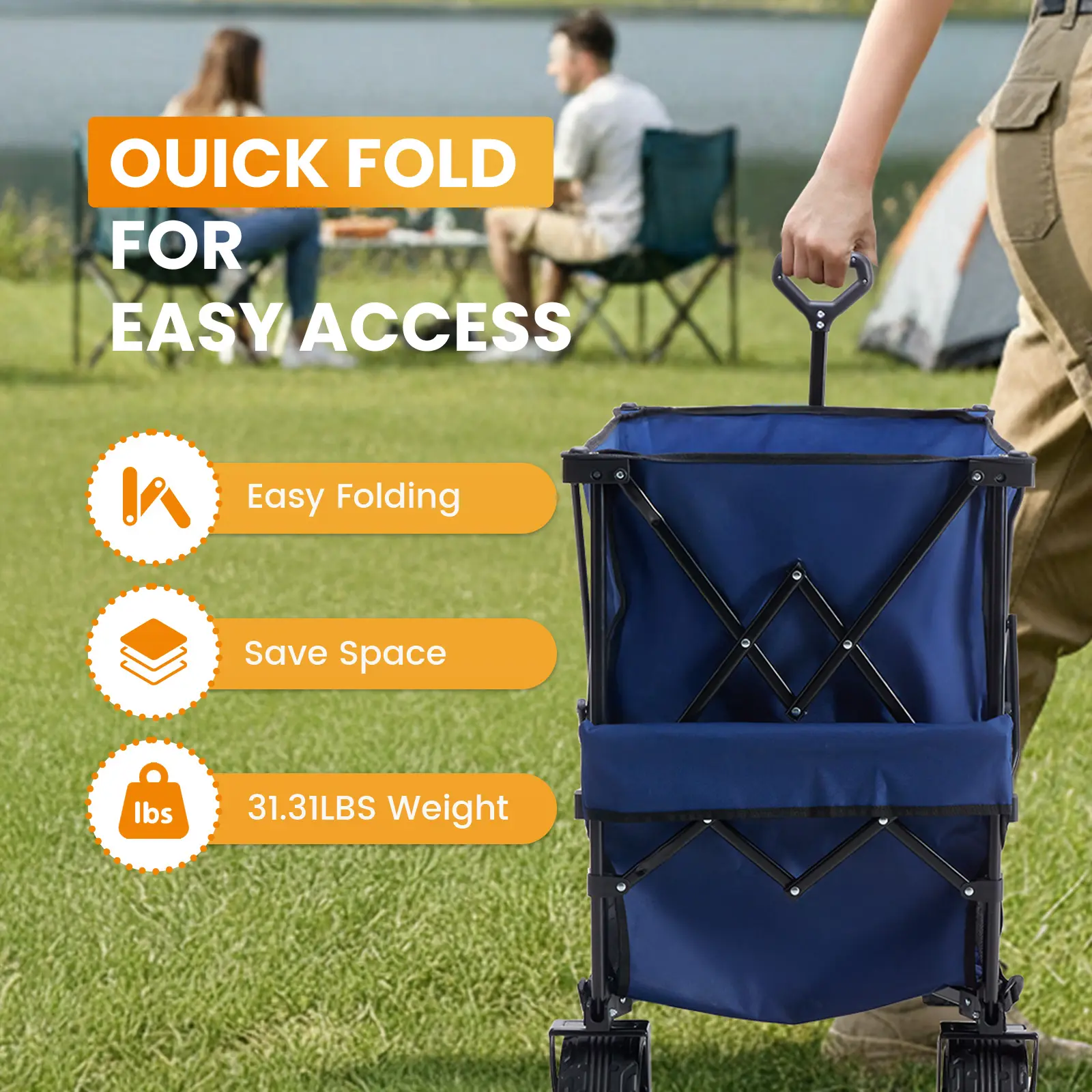 This large‑capacity collapsible utility wagon boasts tough 600D Oxford fabric, adjustable pull‑handle and 360° swivel wheels for all‑terrain outdoor hauling.