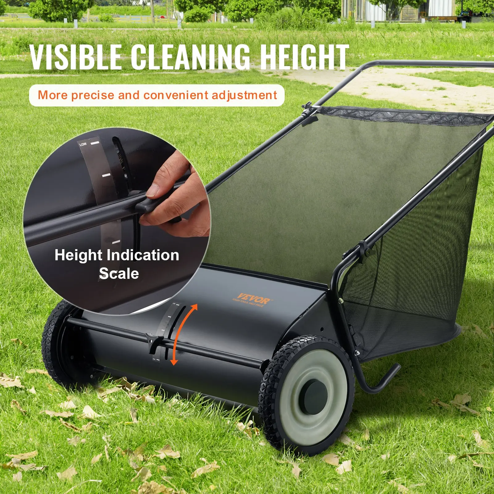 26‑inch manual push lawn sweeper with adjustable‑height dense spinning brushes, heavy‑duty steel frame and large 7 ft³ hopper bag for easy garden leaf and grass‑debris clearance.