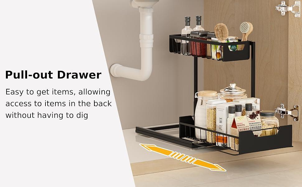 Undersink storage rack with 2 layers of high-quality metal pull-out kitchen cabinet storage boxand sliding drawer, adjustable height, heavy-dutykitchen and bathroom storage container