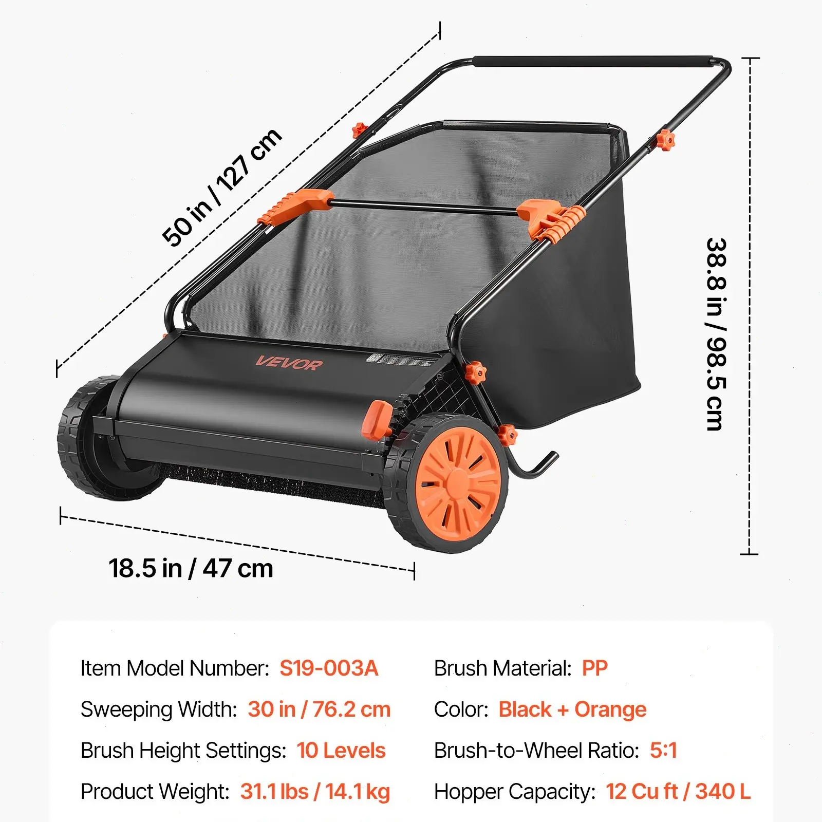 26‑inch manual push lawn sweeper with adjustable‑height dense spinning brushes, heavy‑duty steel frame and large 7 ft³ hopper bag for easy garden leaf and grass‑debris clearance.