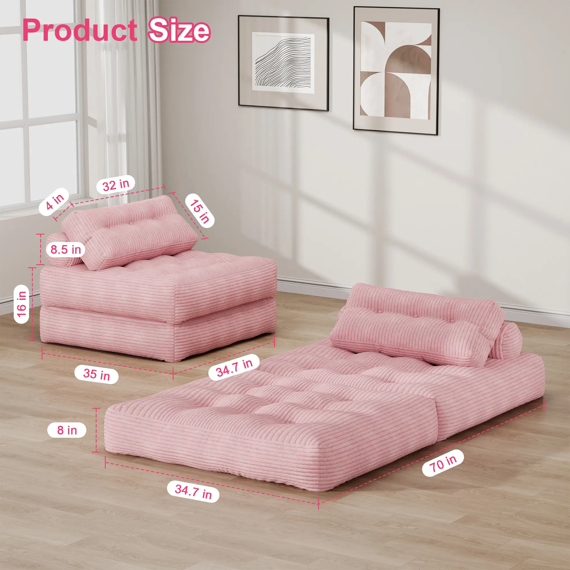 Cnmcld Folding Sofa Bed with Headrest & Lumbar Pillows, 3‑in‑1 Convertible Couch for Sitting Lounging Sleeping, Soft Corded Fabric in Pink Gray Beige for Dorm Small Apartment