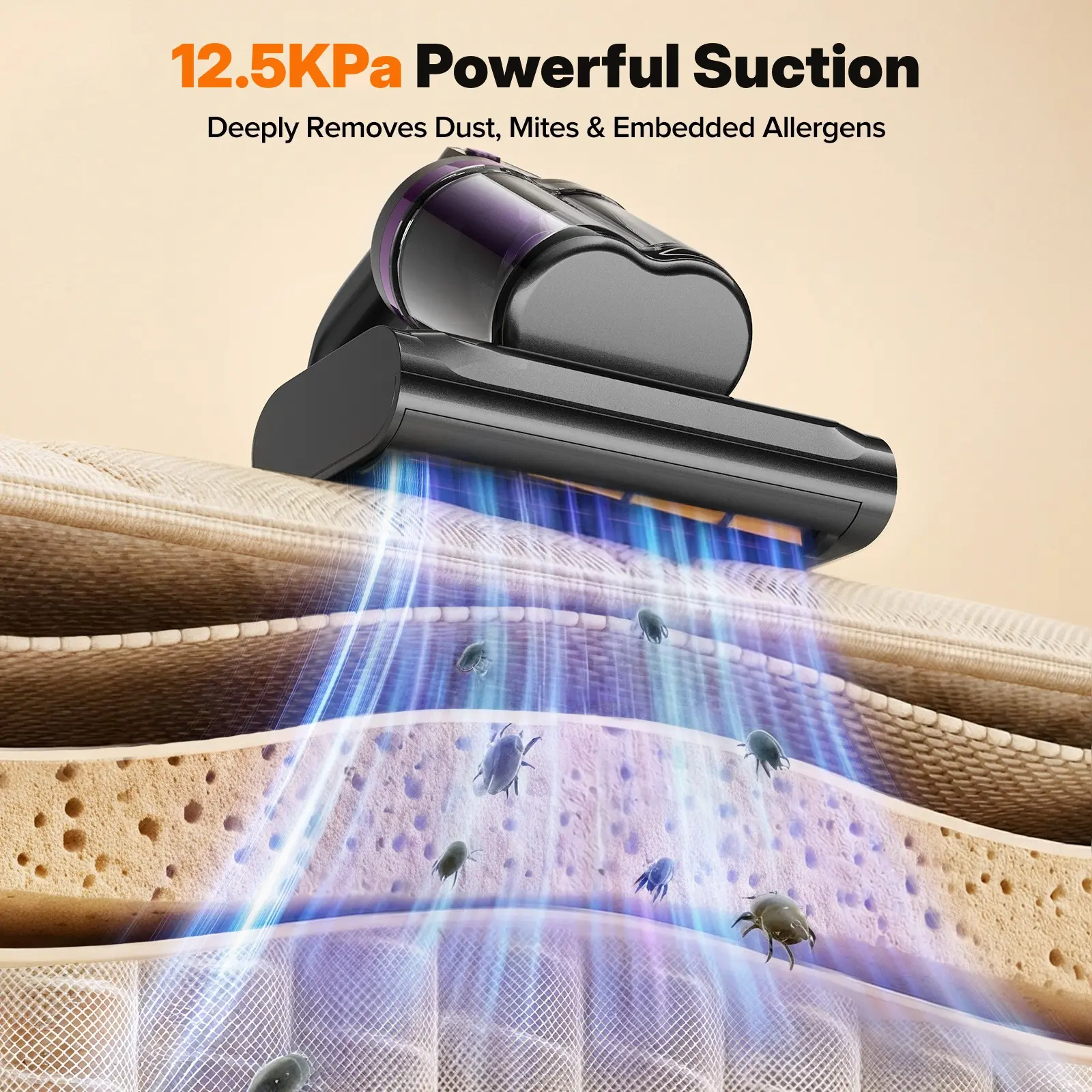 350W Mattress Vacuum Cleaner, UV‑C Light 12.5kPa Strong Suction Handheld Bed Vacuum with Dual‑Cup Design for Dust Mite, Pet Hair Removal