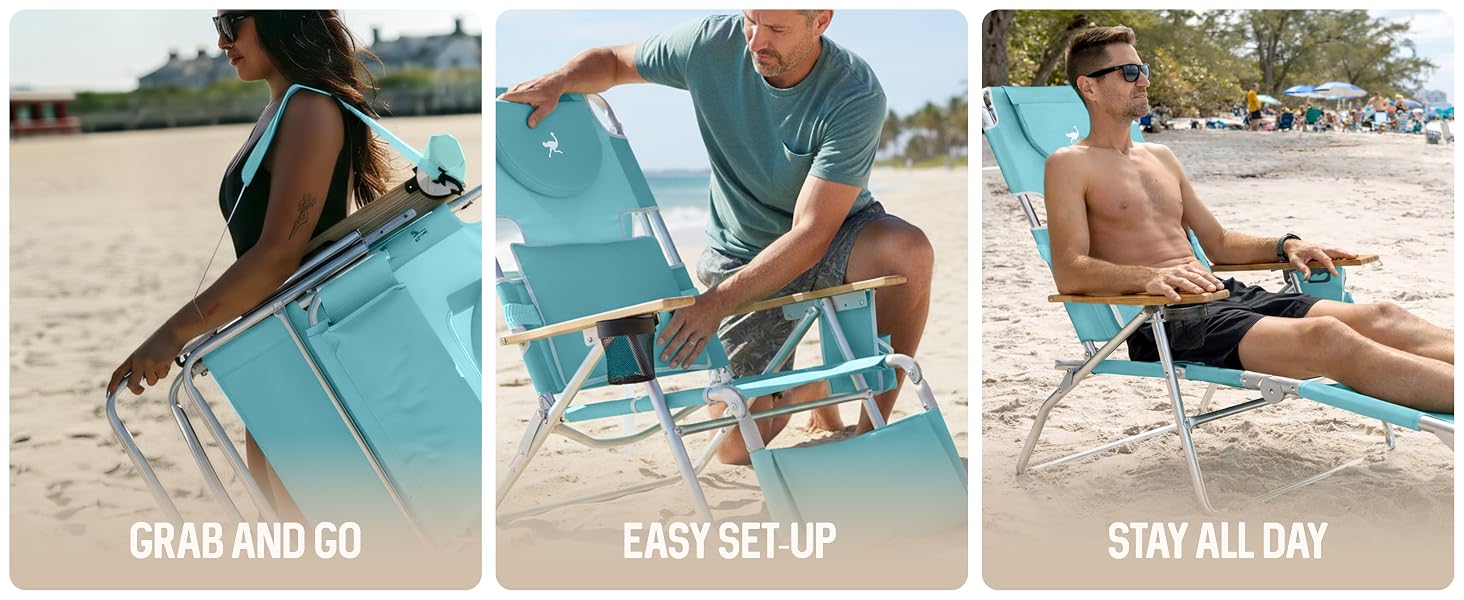 Images of an aqua beach chair in use. Text reads: Grab and Go, Easy Set Up, Stay All Day.