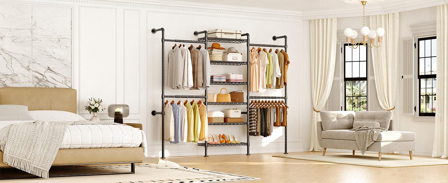 【MAX 900 LBS】ONBRILL Expandable(18.3-34.6") Wall Mounted Closet System, Industrial Pipe Clothing Rack, Clothes Rack Garment Racks Wardrobe Racks for Hanging Clothes, Heavy Duty Closet Organizers for LivingRoom Bedroom Furniture【BackToSchool】
