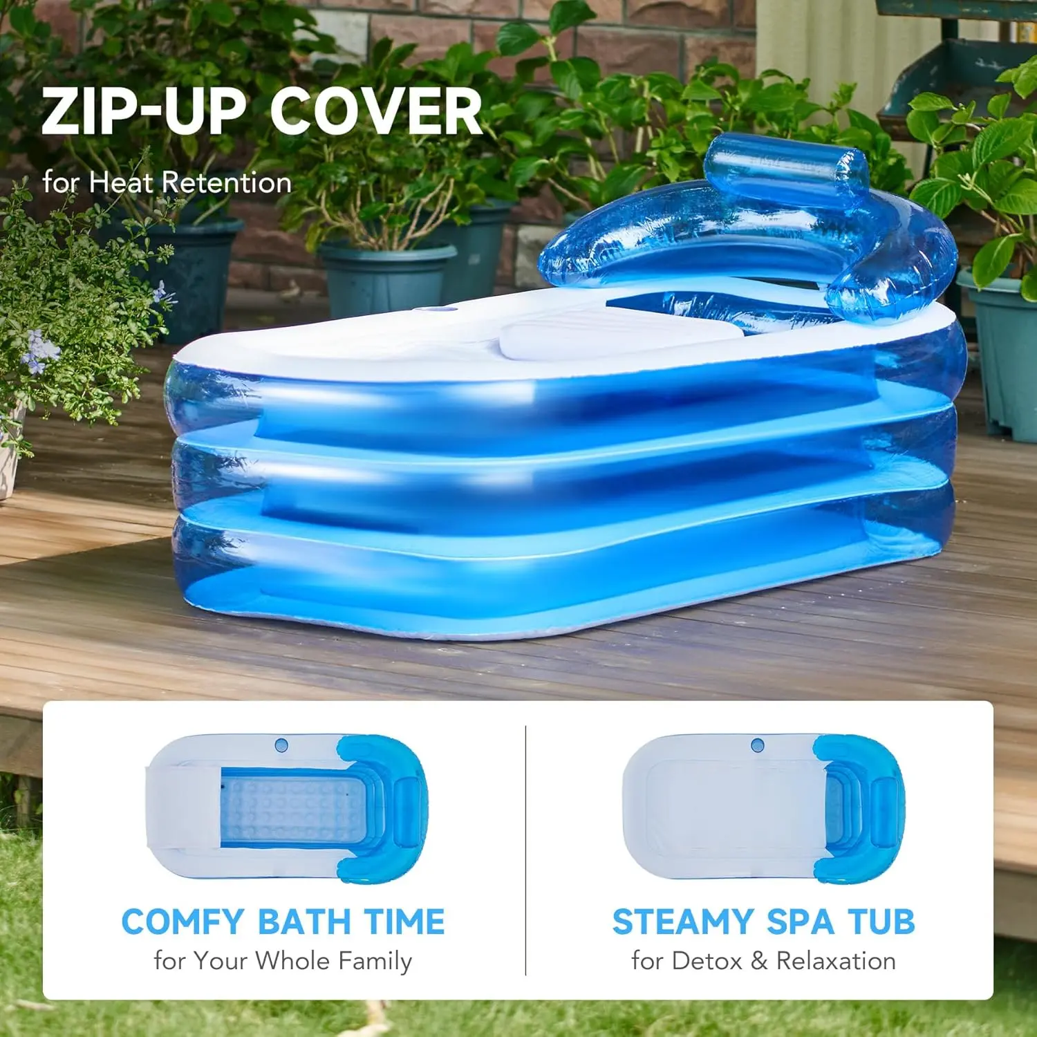 Inflatable Bathtub with Electric Air Pump & Bath Pillow Headrest Portable Blow Up Tub for Adults Durable PVC Material Indoor Outdoor Use Foldable Spa Cover Drainage Hose Cup Holder