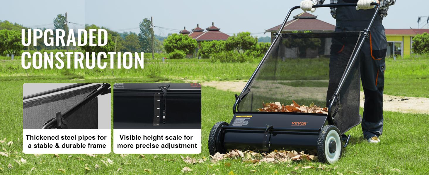 【toolupgrade】VEVOR Push Lawn Sweeper 26 Inch Leaf & Grass CollectorStrong Rubber Wheels & Heavy Duty Thickened Steel Durable to Use with Large Capacity 7 ft&sup3; Mesh Collection Bag4 Spinning Brushes