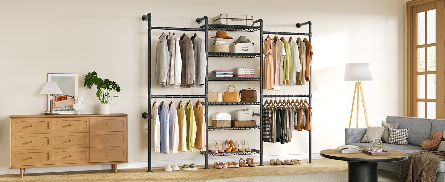 【MAX 900 LBS】ONBRILL Expandable(18.3-34.6") Wall Mounted Closet System, Industrial Pipe Clothing Rack, Clothes Rack Garment Racks Wardrobe Racks for Hanging Clothes, Heavy Duty Closet Organizers for LivingRoom Bedroom Furniture【BackToSchool】