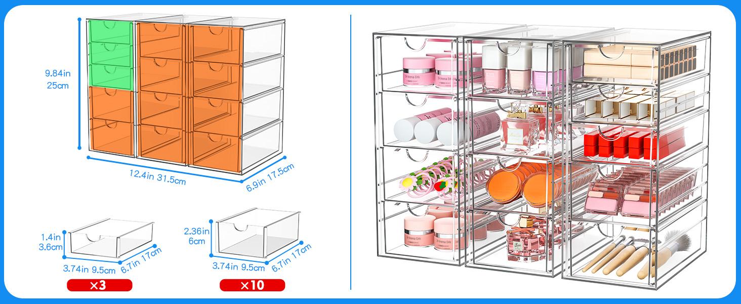 13 Drawer Clear Acrylic Organizer, Storage Organizer for Bathroom Vanity, Makeup, Kitchen Pantry, Countertop and Home Organization