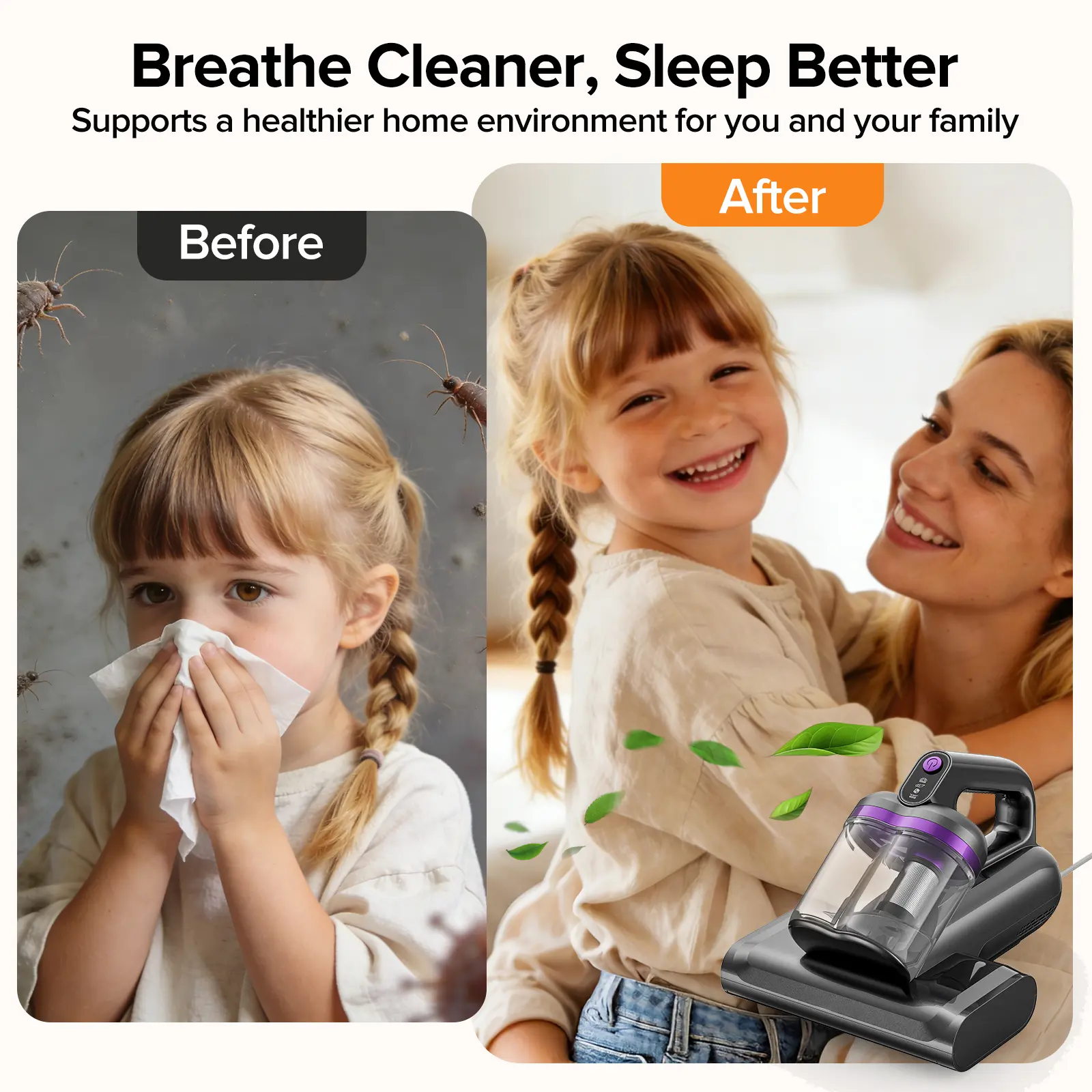 350W Mattress Vacuum Cleaner, UV‑C Light 12.5kPa Strong Suction Handheld Bed Vacuum with Dual‑Cup Design for Dust Mite, Pet Hair Removal
