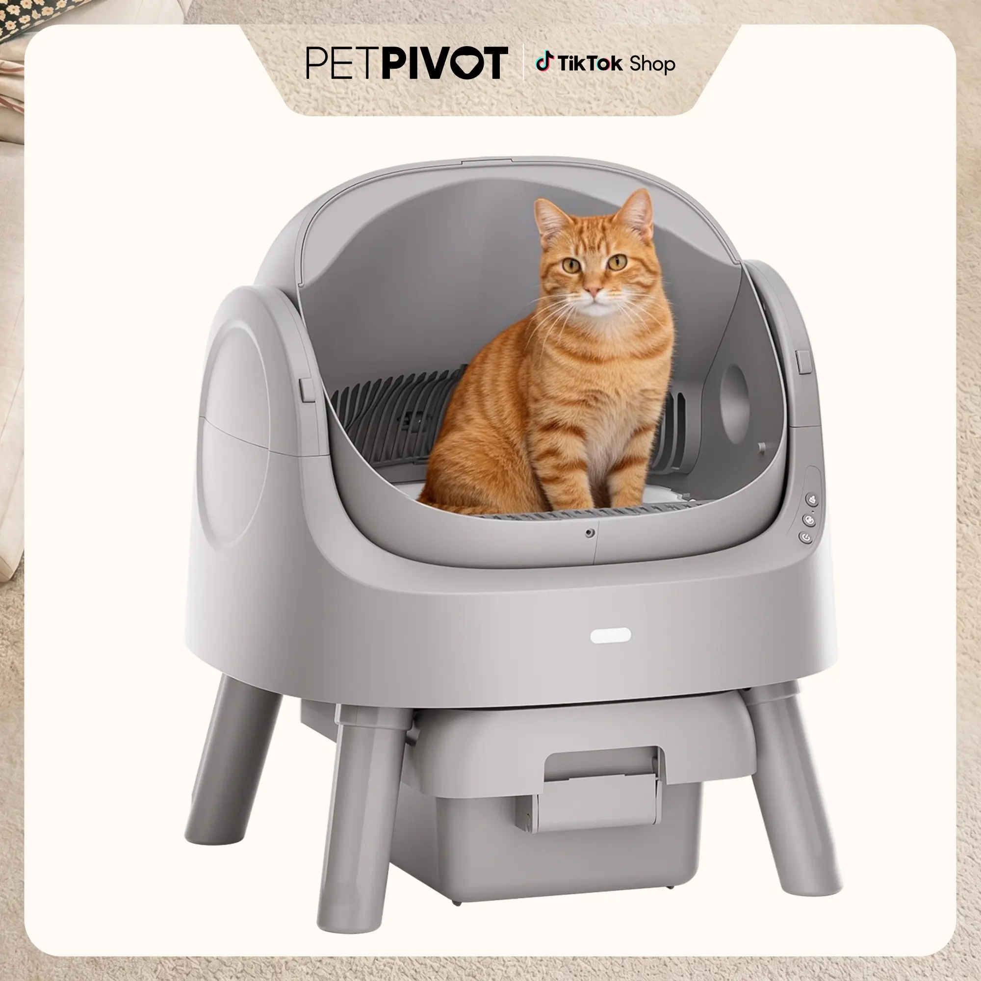Open‑top self‑cleaning cat litter box with infrared safety sensors, odour‑locking sealed waste drawer, whisper‑quiet 32dB operation for up to 14‑days hands‑free cleaning.