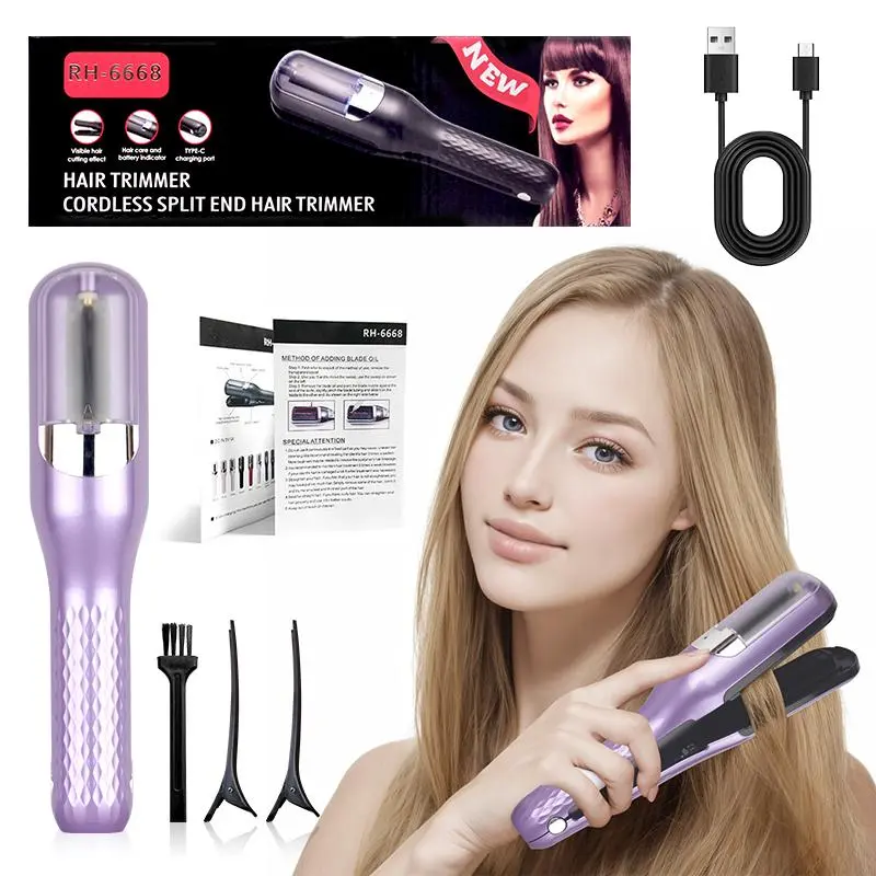 Lightweight USB‑rechargeable hair trimmer with automatic cutting for split‑end trimming, compact for home and travel and available in multiple colours as a handy gift.