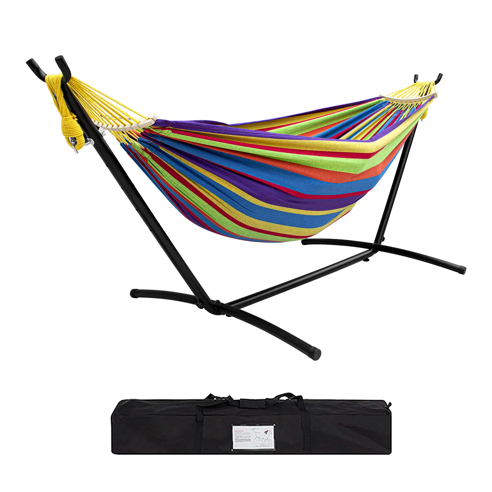 Cosy striped cotton hammock with sturdy steel stand, tool‑free setup, 450‑lb load capacity and carry bag, perfect for relaxing indoors or across your outdoor spaces.