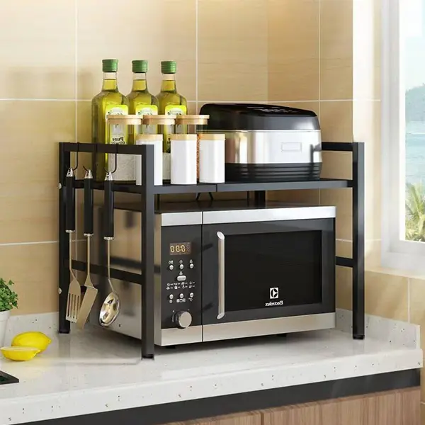 Adjustable Double-Layer Carbon Steel Microwave Rack for Kitchen Countertop Home Storage
