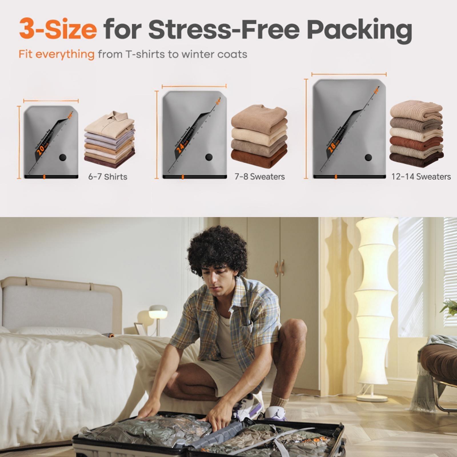 VACBIRD X8 Cordless Rechargeable Vacuum Packing Pump & Dustproof Compression Bags Set - Hands-Free, Lightweight, Portable, Transparent, Rounded-Zipper Pouch, Automatic Compression, Travel Accessories (28/24/20 in, 10/15/20 pcs) - Vacuum Bags for Travel, T