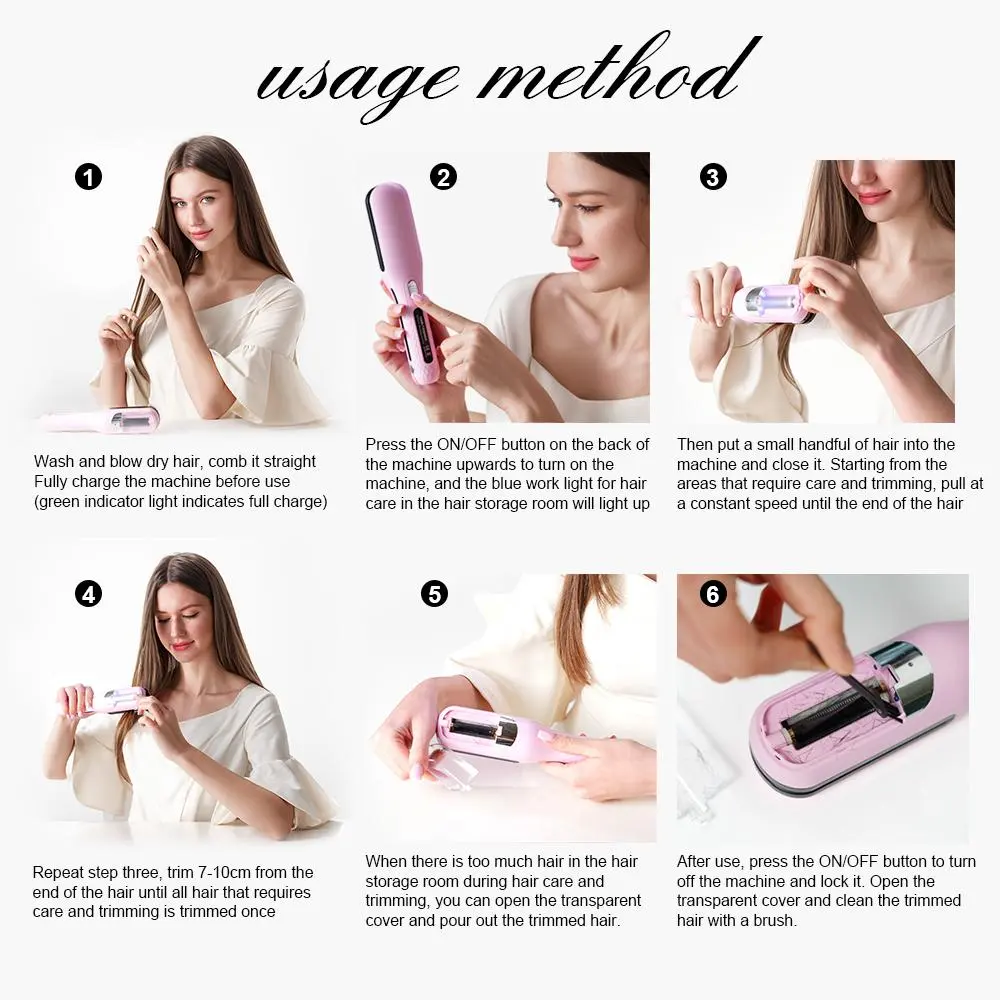 Lightweight USB‑rechargeable hair trimmer with automatic cutting for split‑end trimming, compact for home and travel and available in multiple colours as a handy gift.